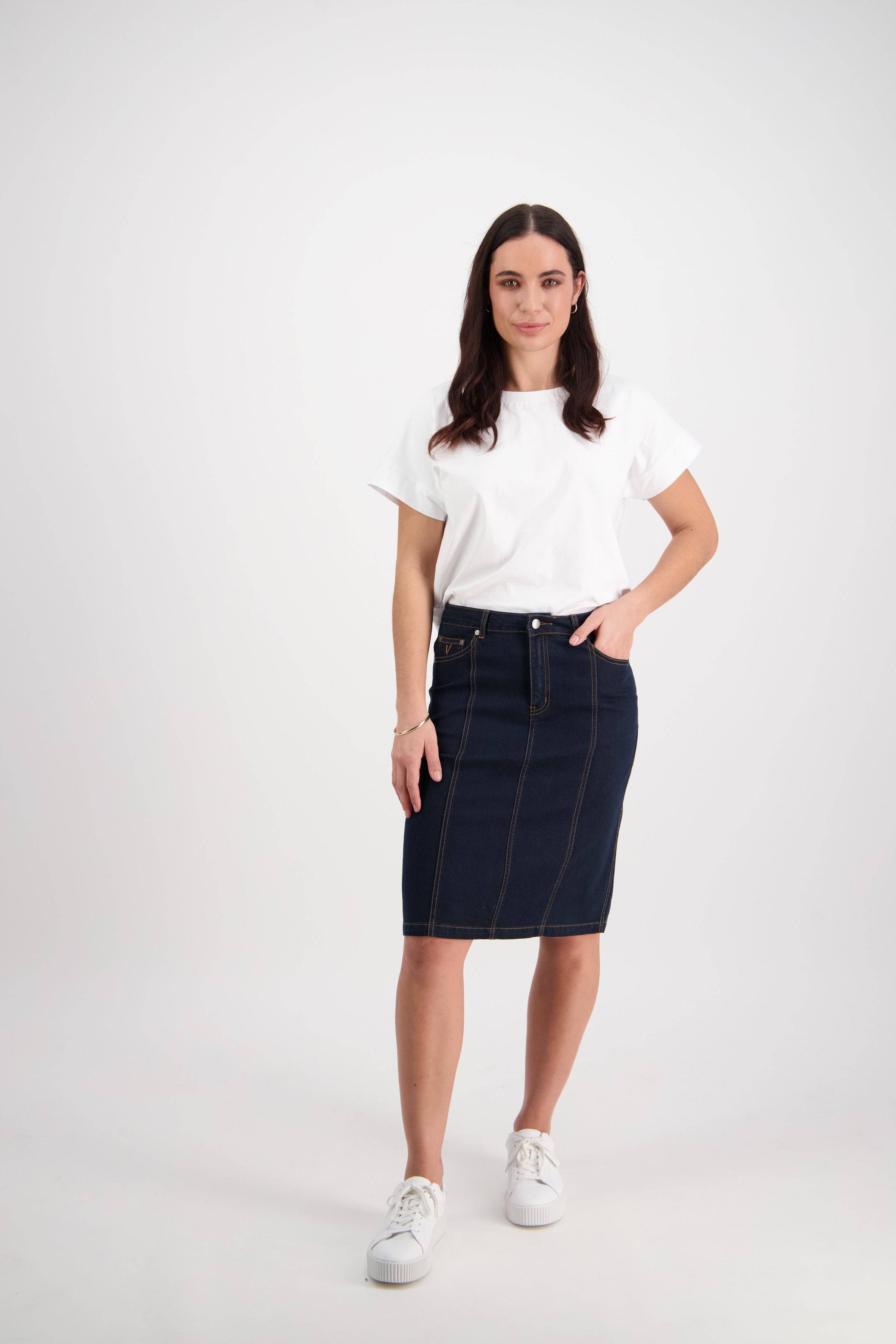 372CS Indigo Denim - Contrast Stitch Denim Skirt - Vassalli