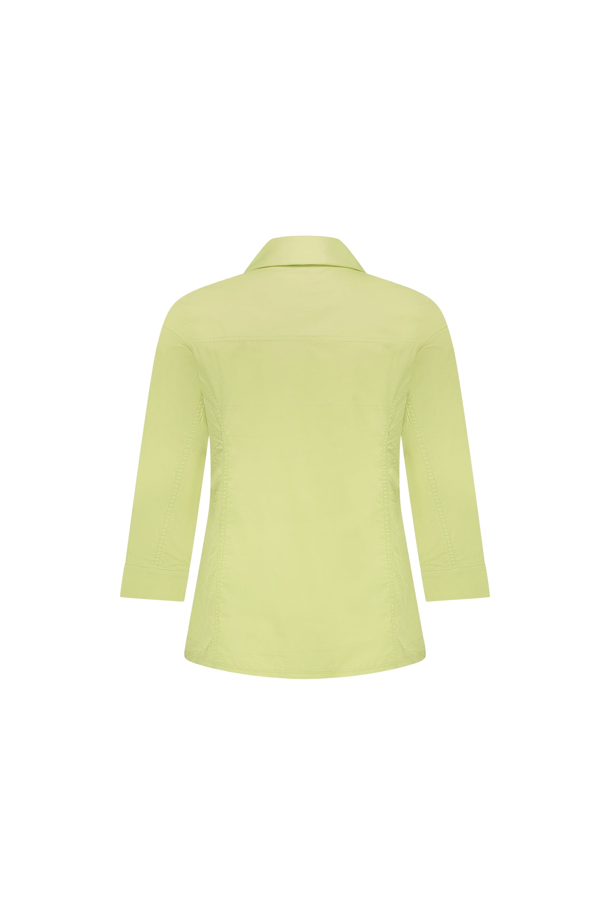 The Vassalli Isla Shirt - Apple is a light green, collared button-up with three-quarter sleeves, shown from the back against a white background. It features a tailored slim fit.