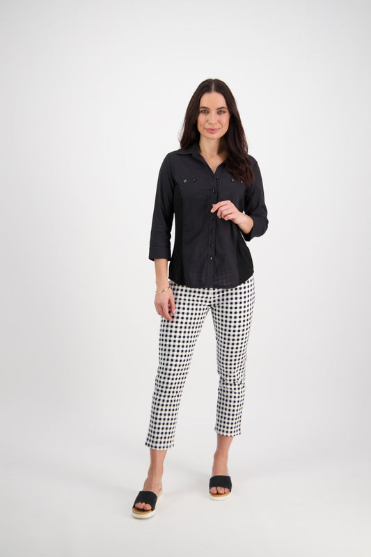 4032 Black - Plain Button Up Shirt with Rib Panels - Vassalli