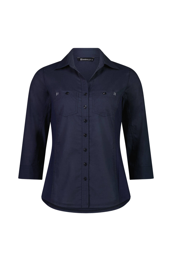 4032 Ink - Plain Button-Up Shirt with Rib Panels - Vassalli