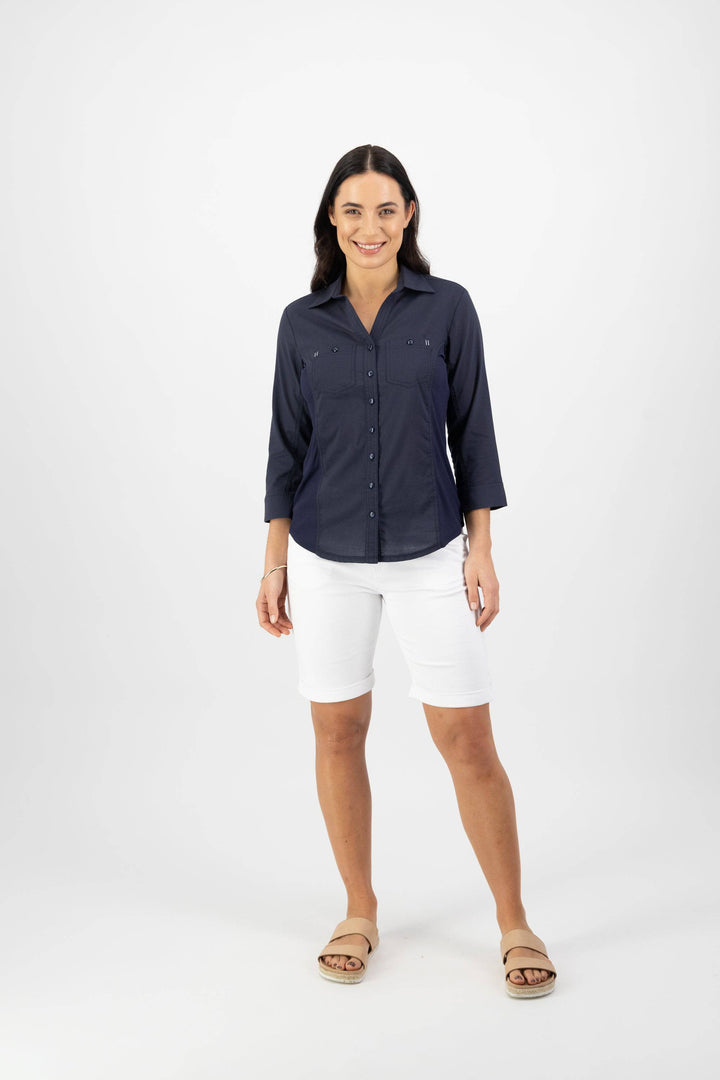 4032 Ink - Plain Button-Up Shirt with Rib Panels - Vassalli