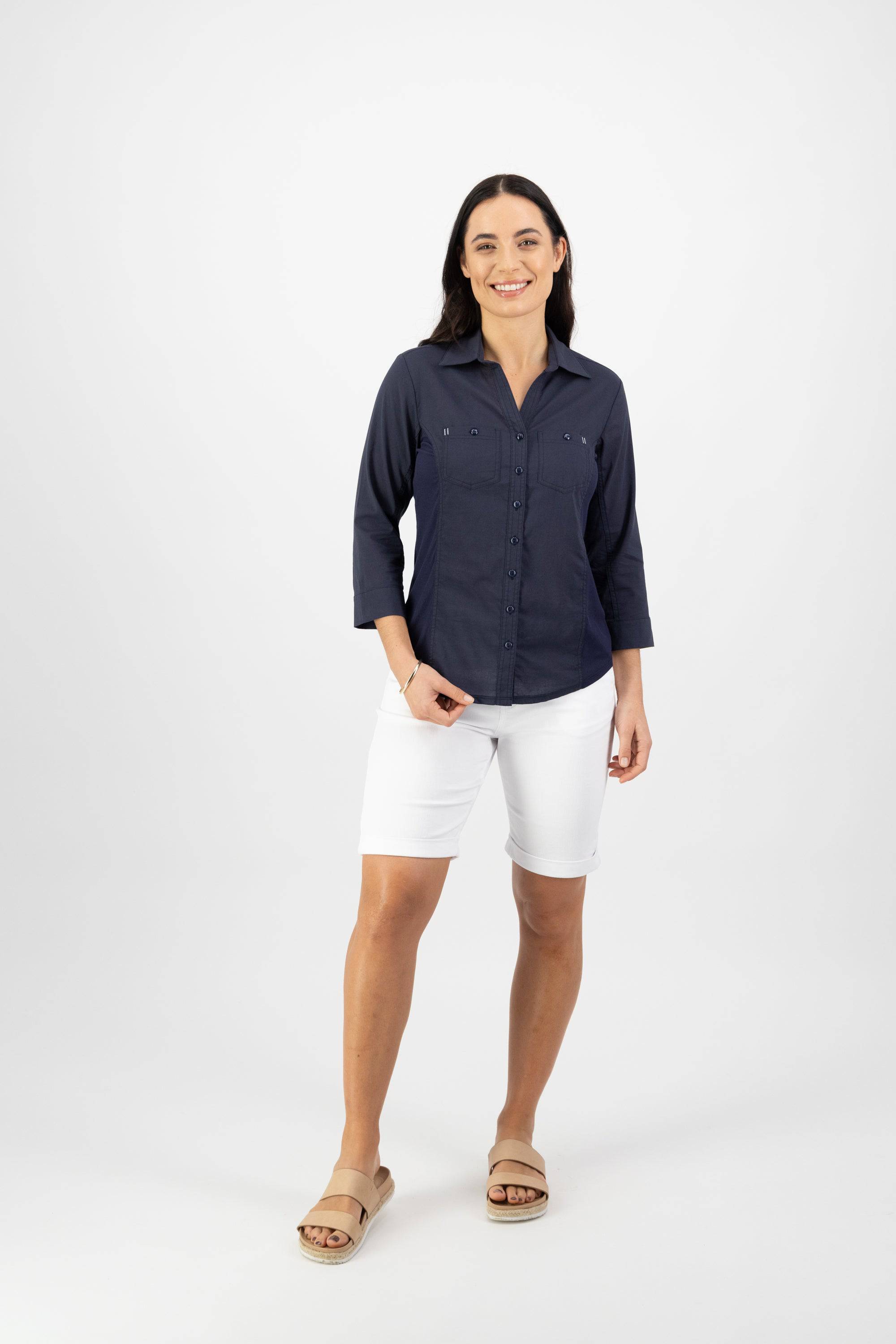4032 Ink - Plain Button-Up Shirt with Rib Panels - Vassalli