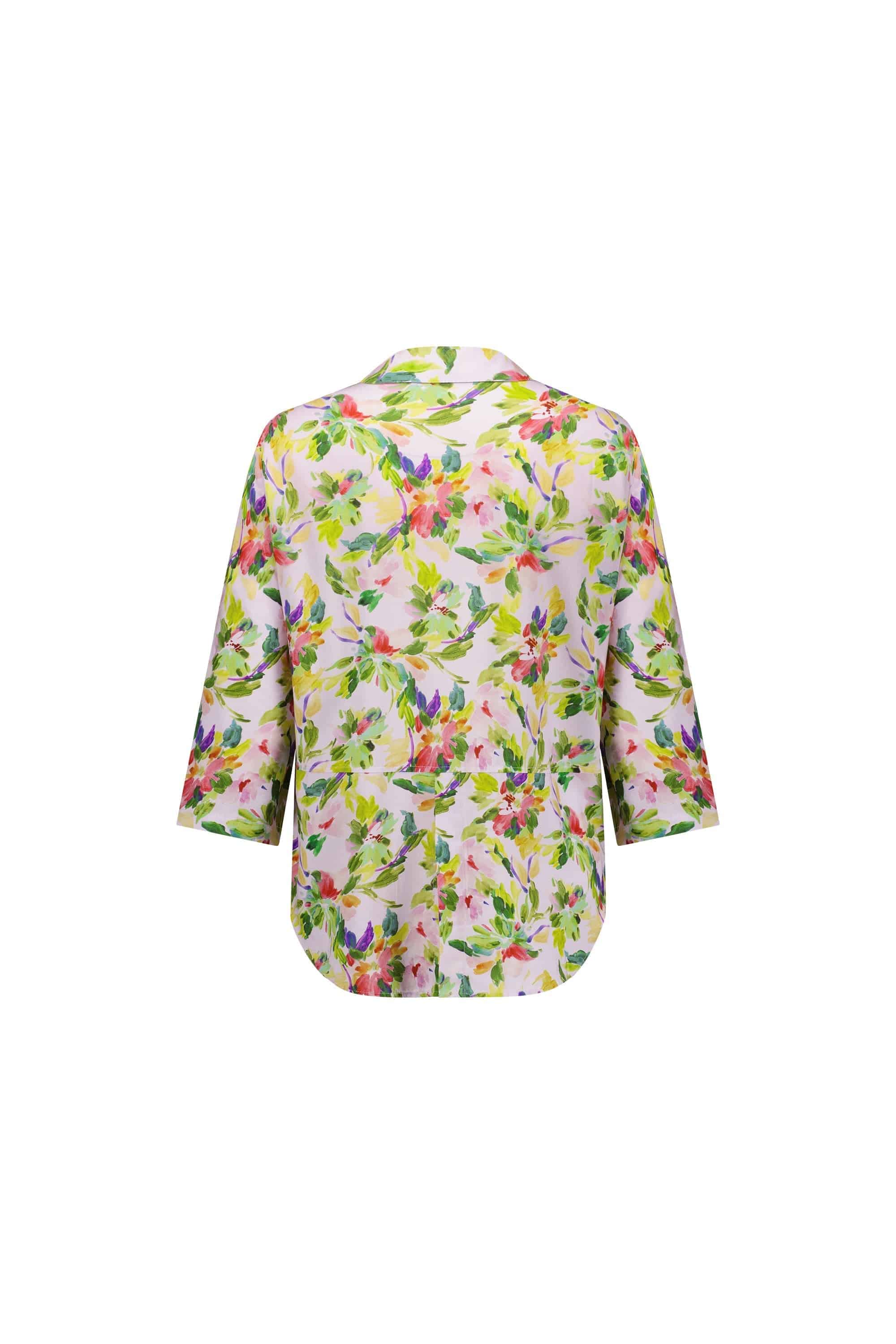 Back view of the Vassalli Placket Shirt - Capri, showcasing button tab sleeves and a vibrant Capri floral print on a white background.