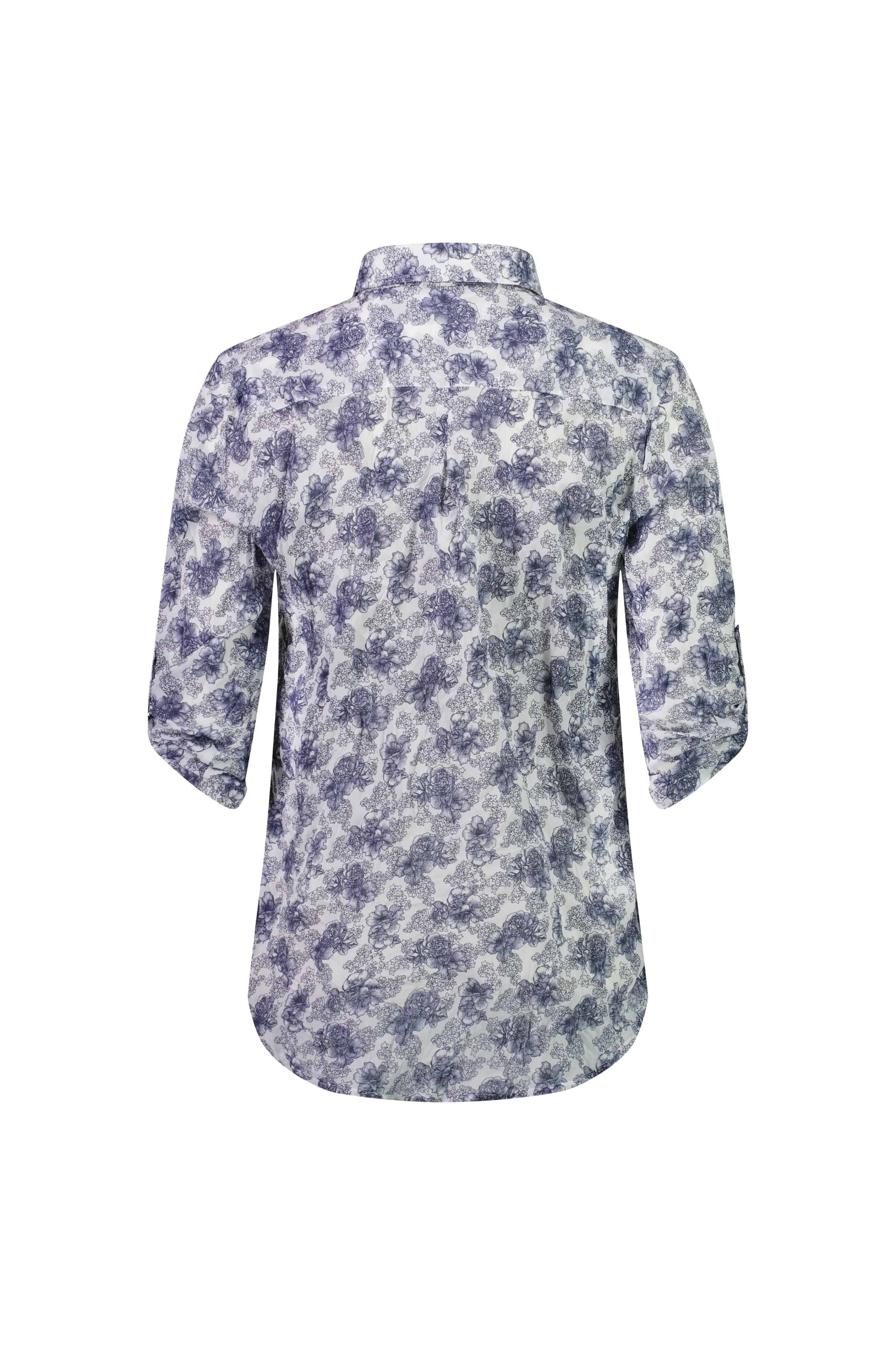 Back view of the Vassalli Crinkle Shirt - Denim Floral, featuring a blue and white floral pattern, curved hem, center back pleat, button front, and tab sleeves rolled to elbow length.