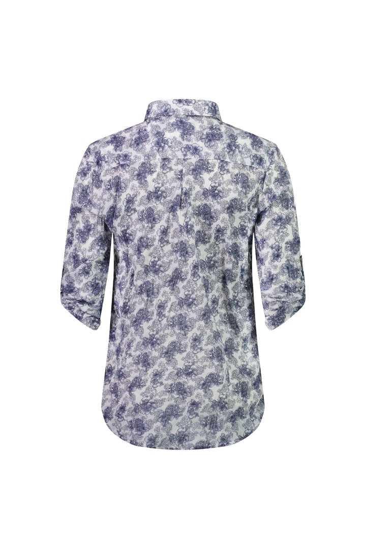 4164 Denim Floral - Crinkle Button Front Shirt With Tab Sleeves - Vassalli