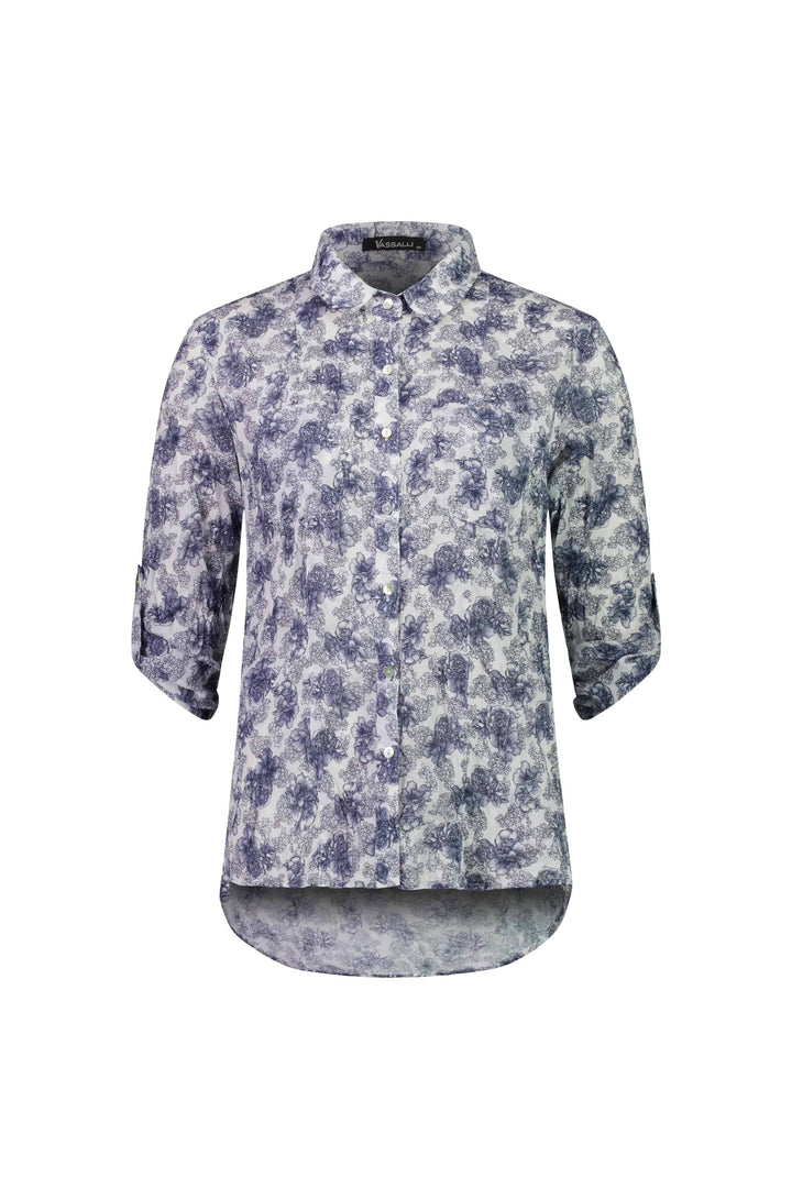4164 Denim Floral - Crinkle Button Front Shirt With Tab Sleeves - Vassalli