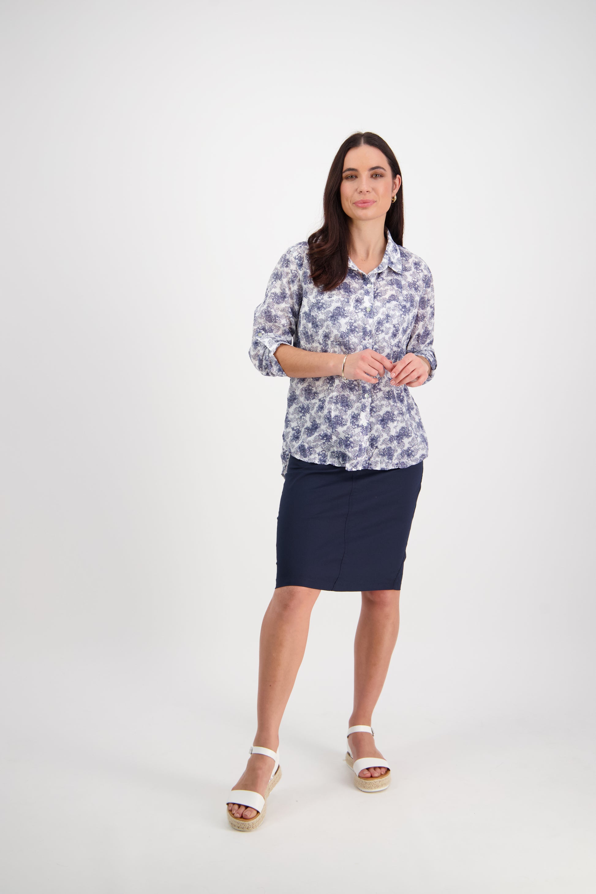 4164 Denim Floral - Crinkle Button Front Shirt With Tab Sleeves - Vassalli