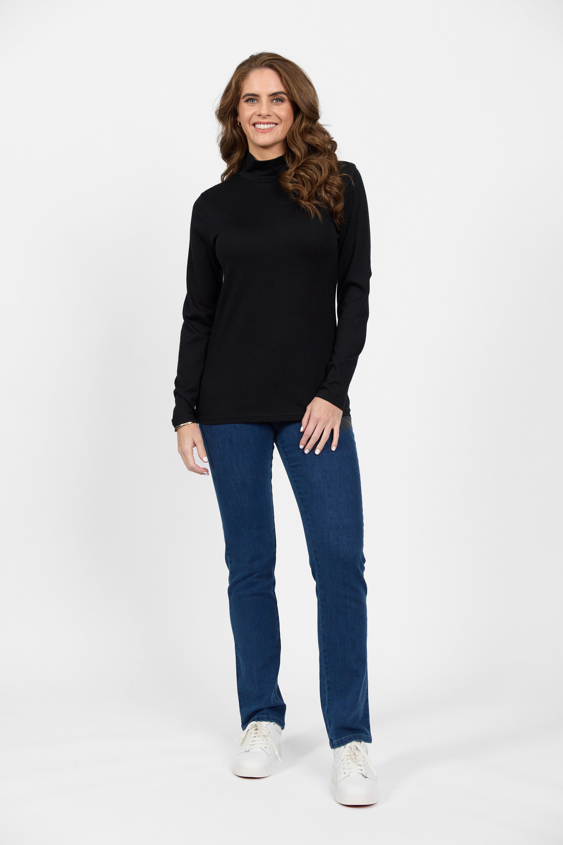 4287 Black - 100% Merino Basic Long Sleeve Polo Neck Top - Vassalli