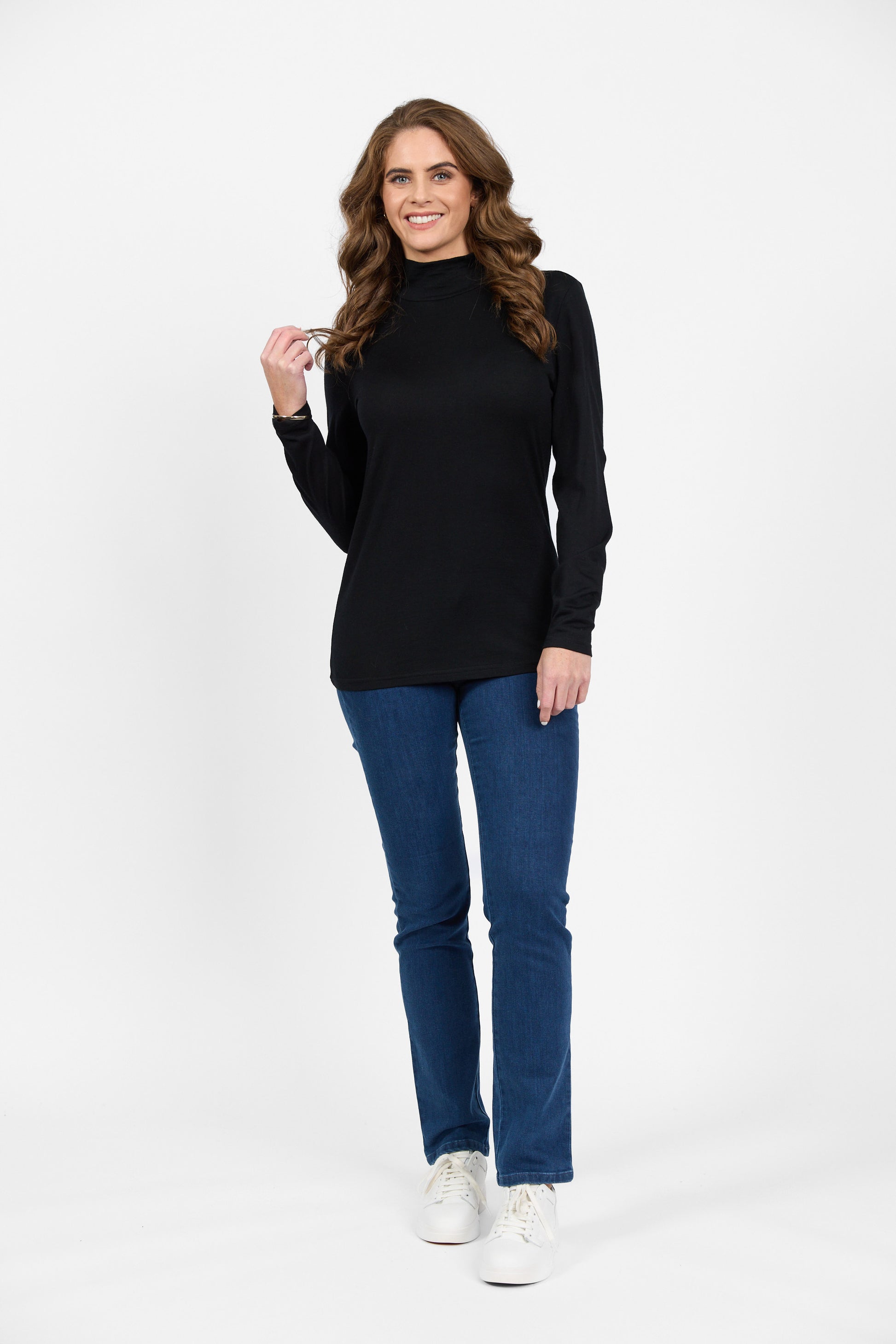 4287 Black - 100% Merino Basic Long Sleeve Polo Neck Top - Vassalli