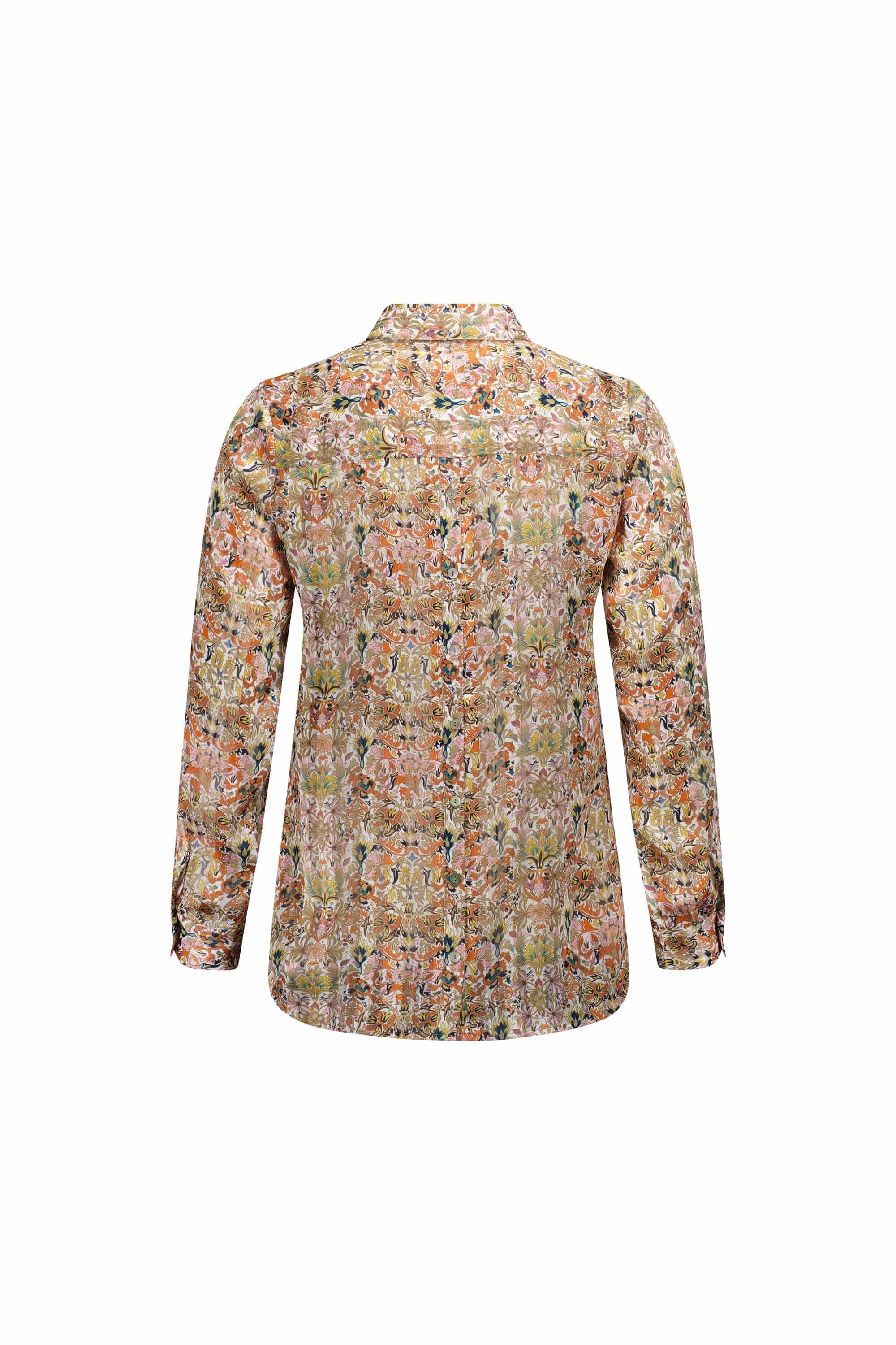 The Vassalli Ballot Shirt - Eden is a long-sleeve button-up with a colorful floral pattern in orange, pink, green, and white on a light background, plus subtle gold lurex stripes woven through semi-sheer fabric. Shown from the back.