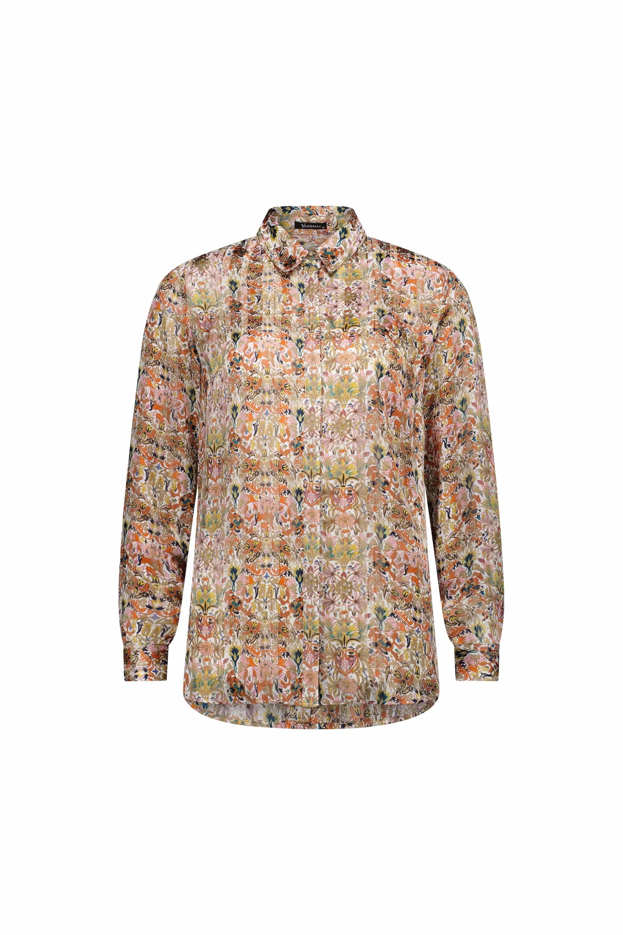 The Vassalli Ballot Shirt - Eden is a long-sleeved women’s blouse with a collared neckline, multicolored floral print, and subtle gold lurex stripes on semi-sheer fabric, shown on a plain white background.