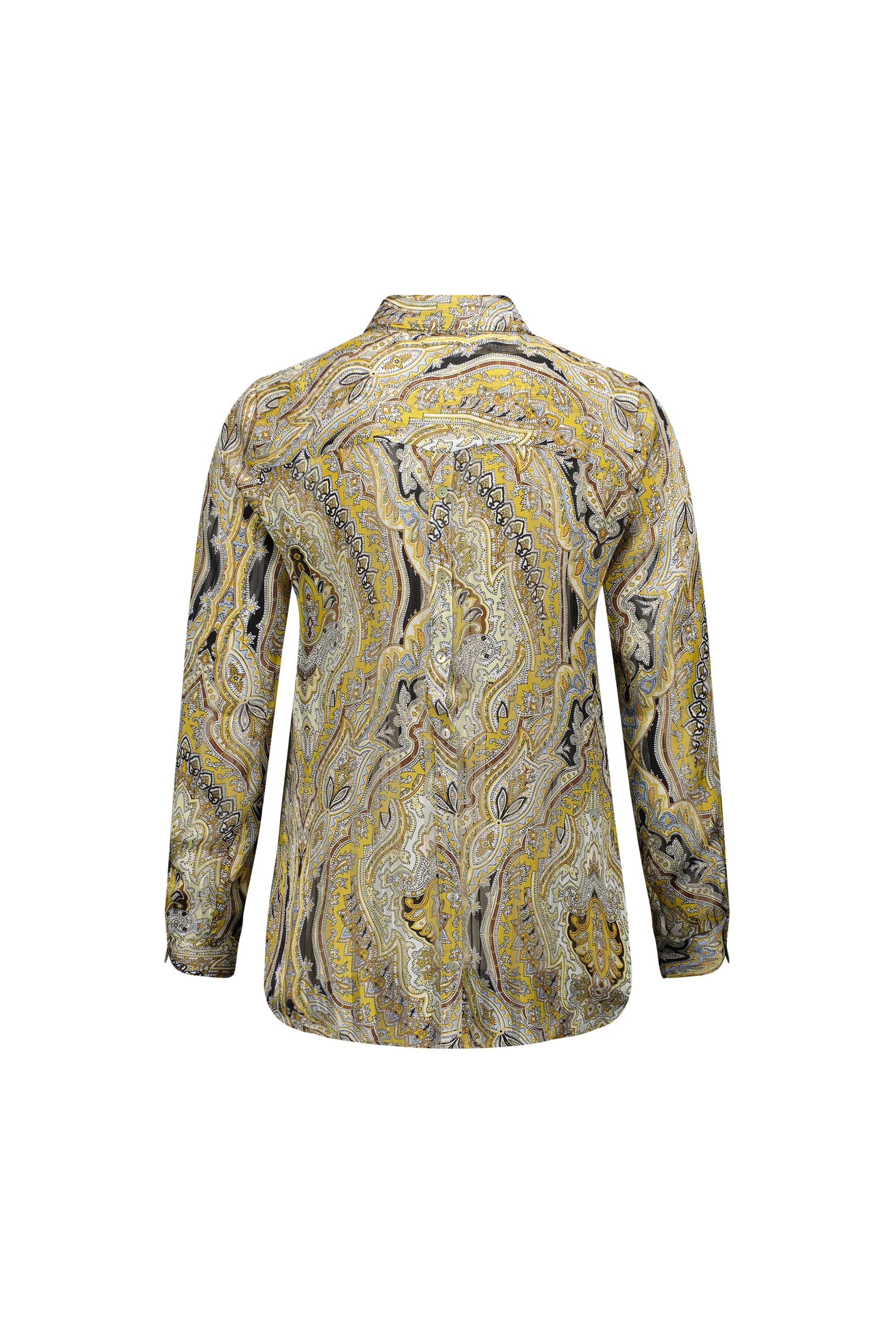 Back view of the Vassalli Ballot Shirt - Majestic with a yellow, black, and gray paisley pattern on semi-sheer fabric, featuring a collar, buttoned cuffs, and subtle gold lurex stripes for an elegant touch.