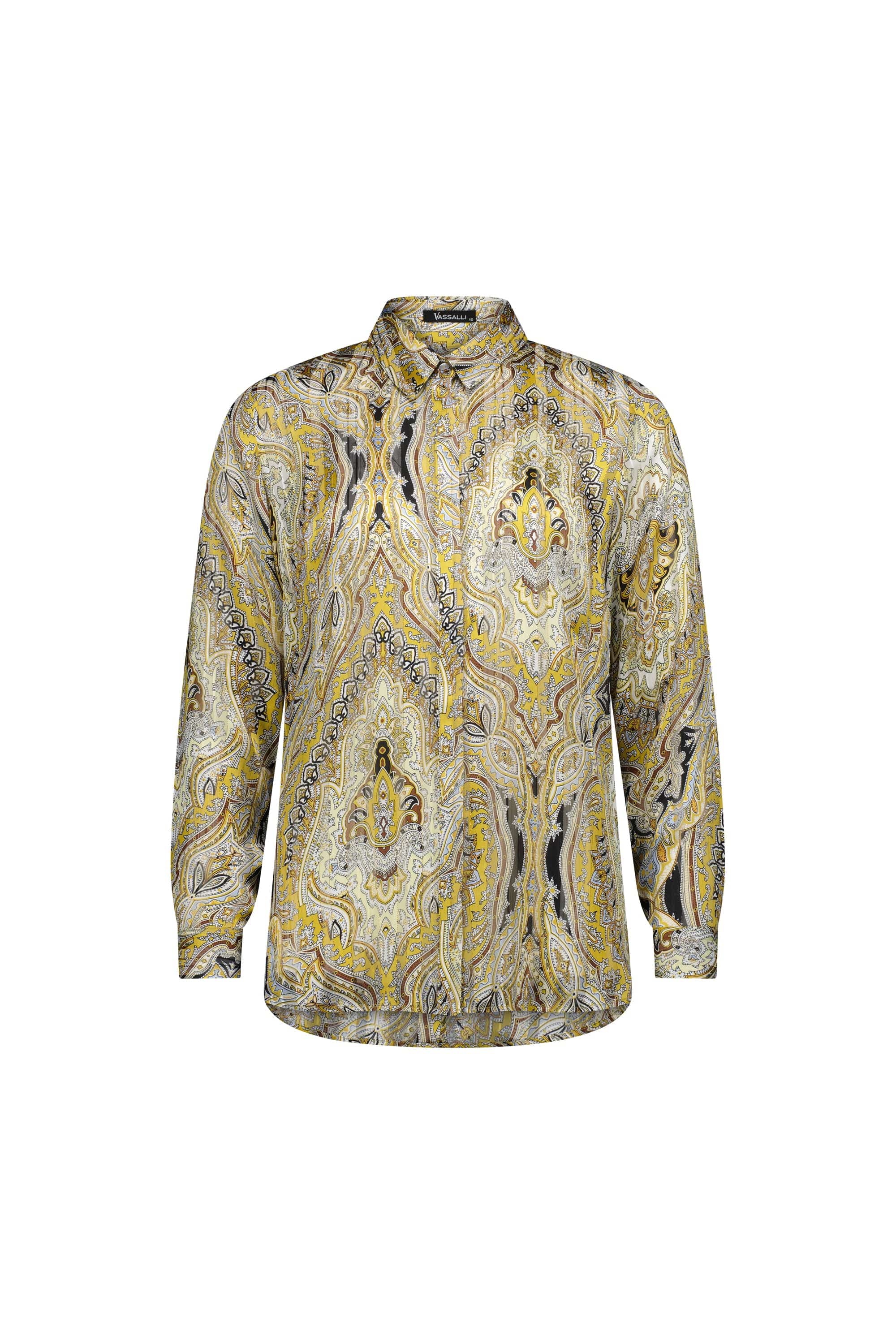 The Vassalli Ballot Shirt - Majestic features long sleeves, a pointed collar, and an intricate paisley pattern in yellow, beige, black, and gray on semi-sheer fabric with gold lurex stripes over a white background.
