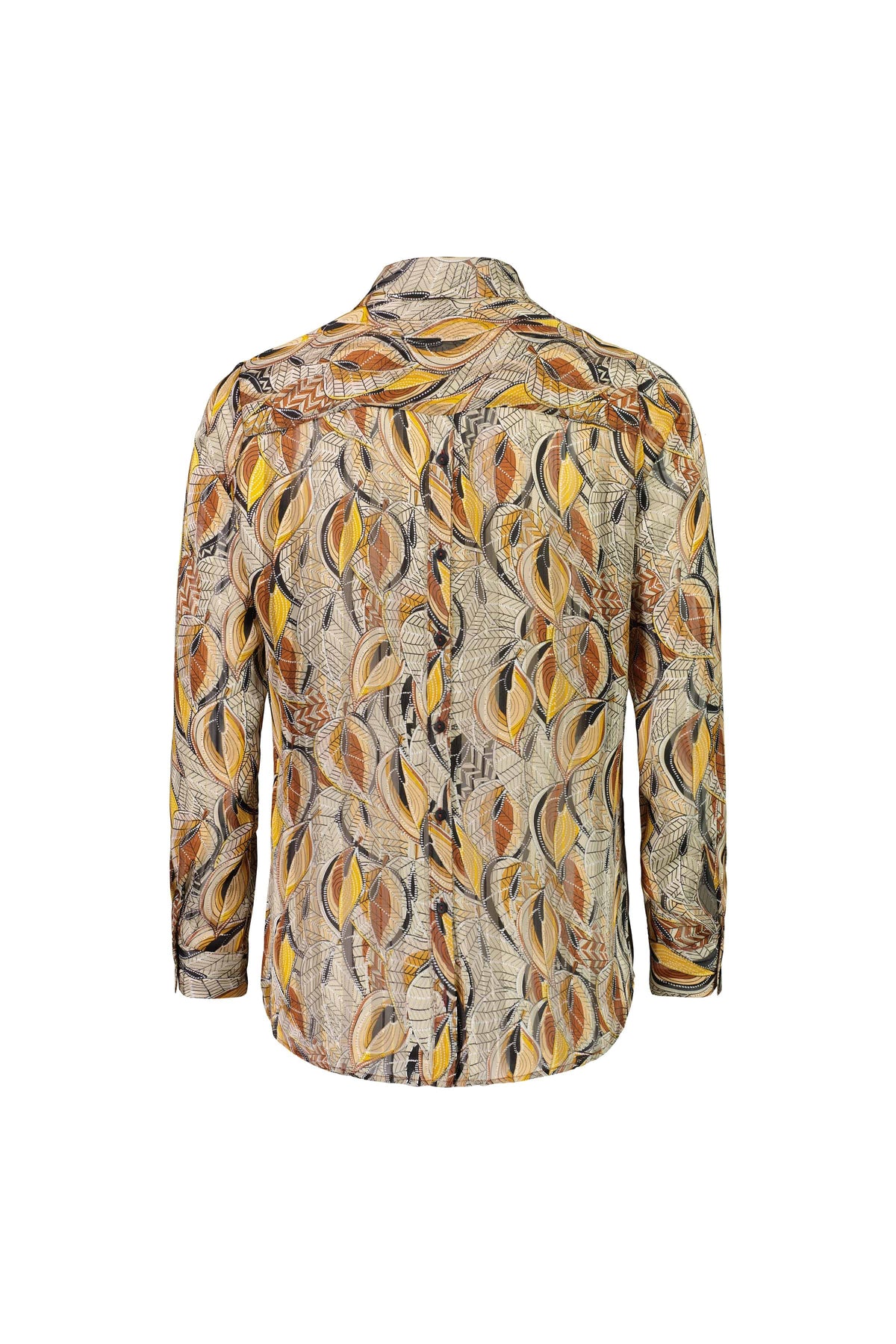The Vassalli Ballot Shirt - Willow is a long-sleeve button-up with an abstract pattern in yellow, orange, brown, and black. Shown from the back, it features a collar, curved hem, and subtle gold lurex stripes for shimmer.