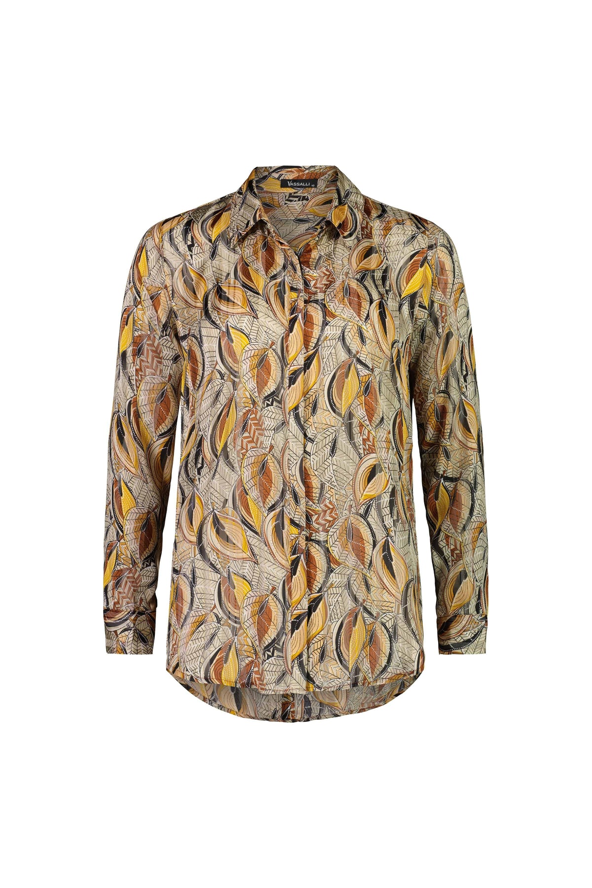 The Vassalli Ballot Shirt - Willow is a long-sleeve, collared shirt with an abstract leaf print in yellow, brown, and beige on a light background. Made from semi-sheer fabric for an airy feel.