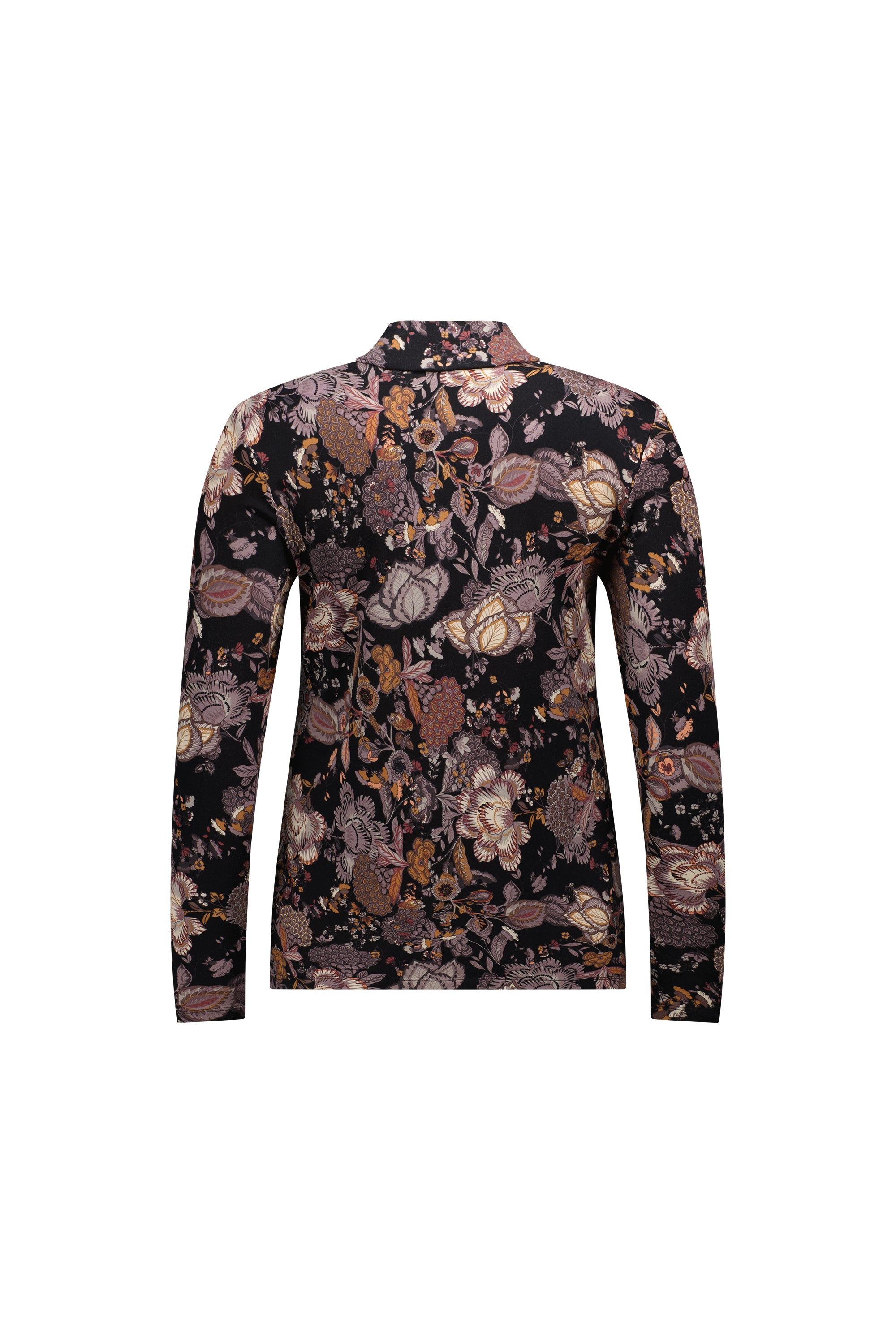 The Vassalli Foundation Top - Vintage is a long sleeve knit with a high collar, featuring an intricate floral and leaf print in brown, beige, and purple on black, shown from the back.