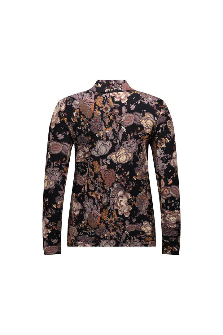 The Vassalli Foundation Top - Vintage is a long sleeve knit with a high collar, featuring an intricate floral and leaf print in brown, beige, and purple on black, shown from the back.