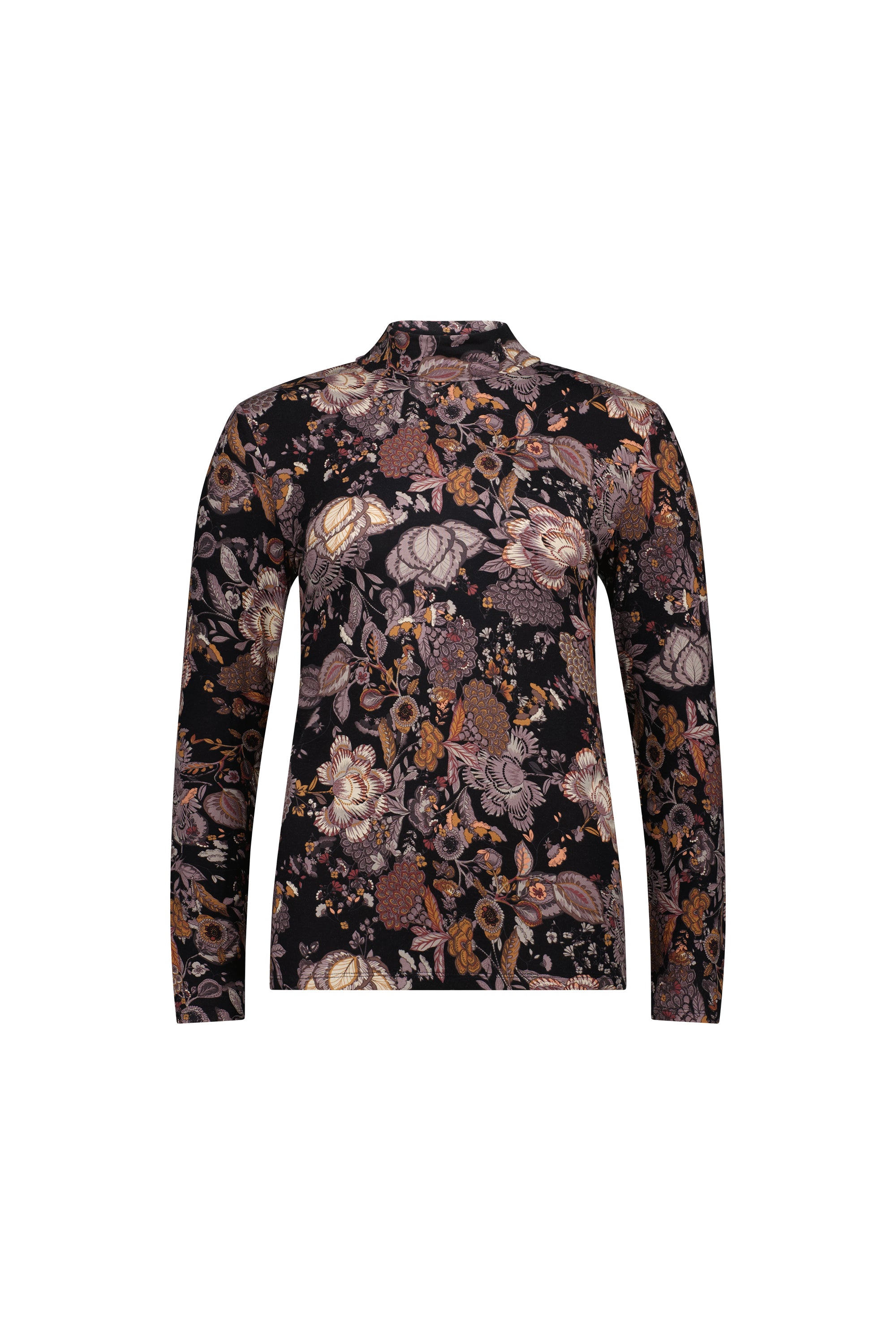 The Vassalli Foundation Top - Vintage is a long-sleeved, high neck knit top featuring an elegant dark floral print in brown, beige, and mauve on black, shown against a plain white background.