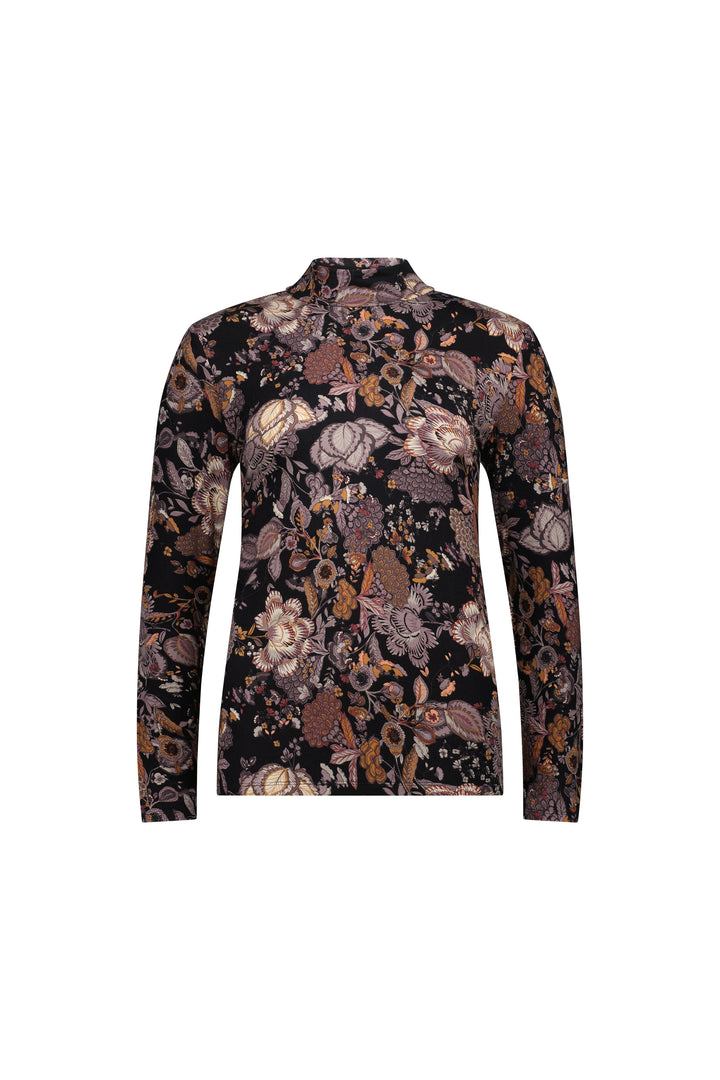 The Vassalli Foundation Top - Vintage is a long-sleeved, high neck knit top featuring an elegant dark floral print in brown, beige, and mauve on black, shown against a plain white background.