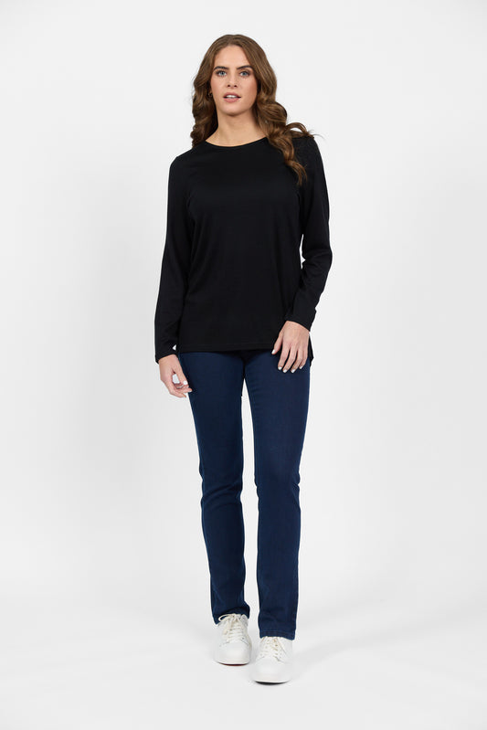 4349 Black - 100% Merino Long Sleeve Top With Back Button Placket - Vassalli