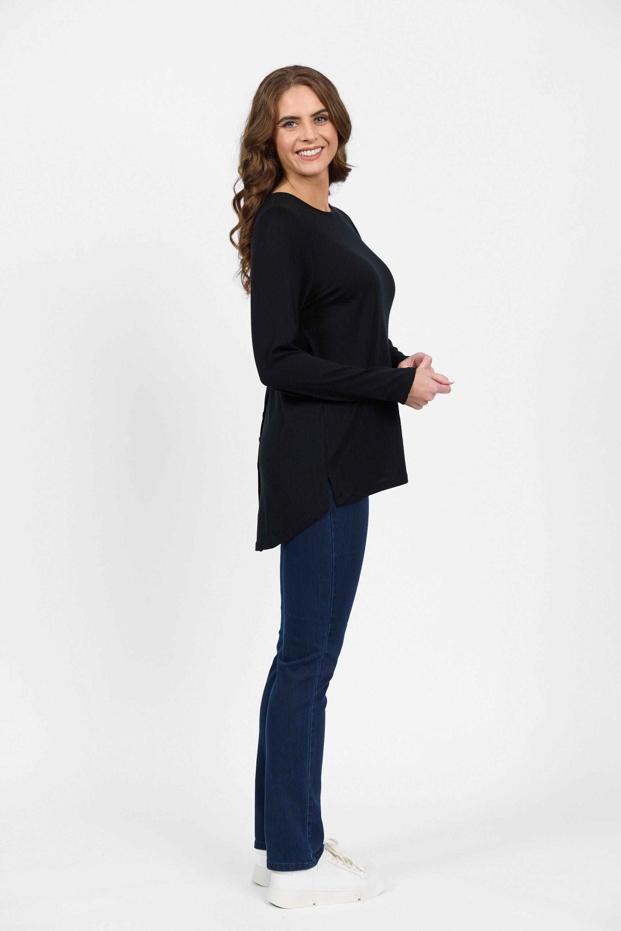 4349 Black - 100% Merino Long Sleeve Top With Back Button Placket - Vassalli