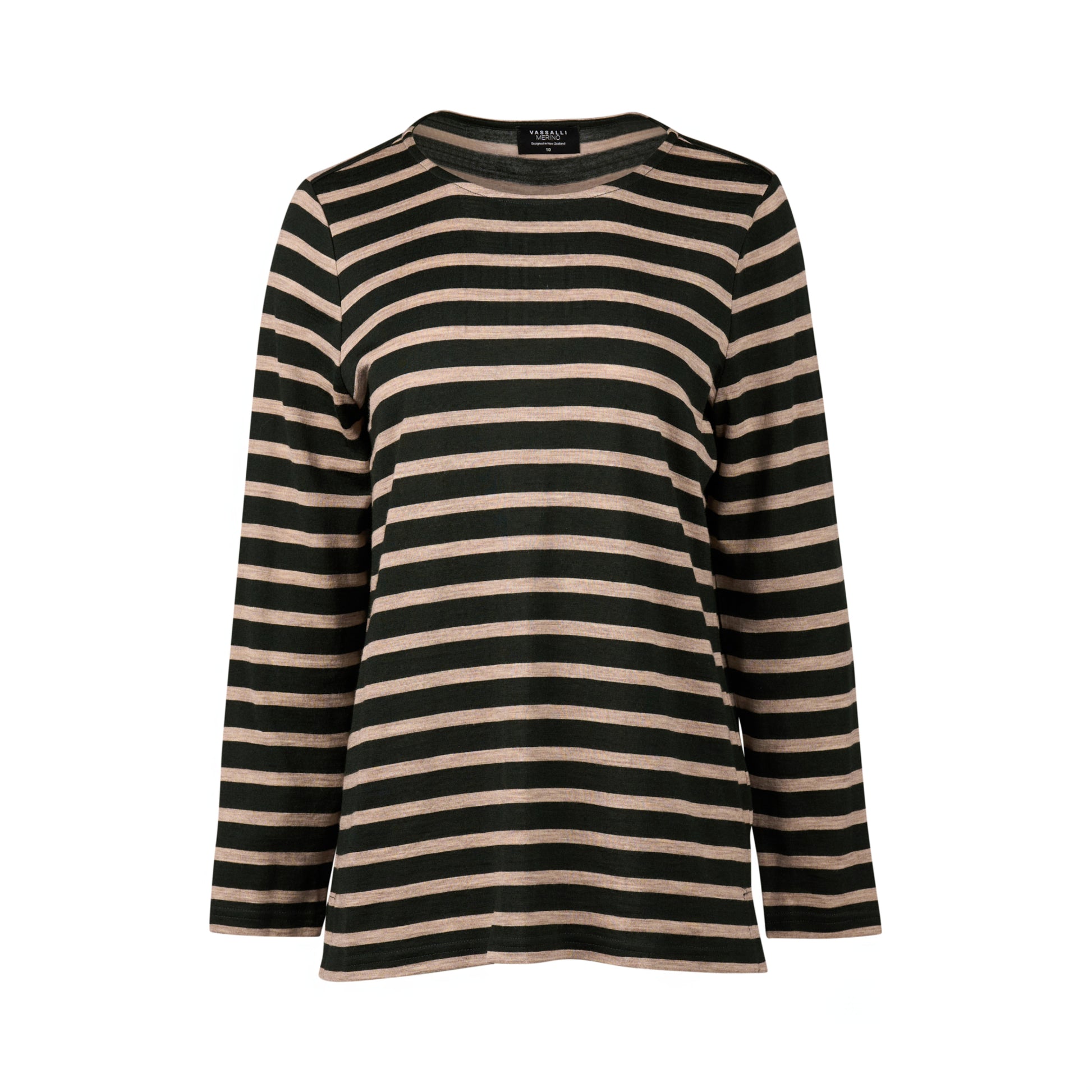 4349 Forest/Twig Stripe - 100% Merino Long Sleeve Top With Back Button Placket - Vassalli