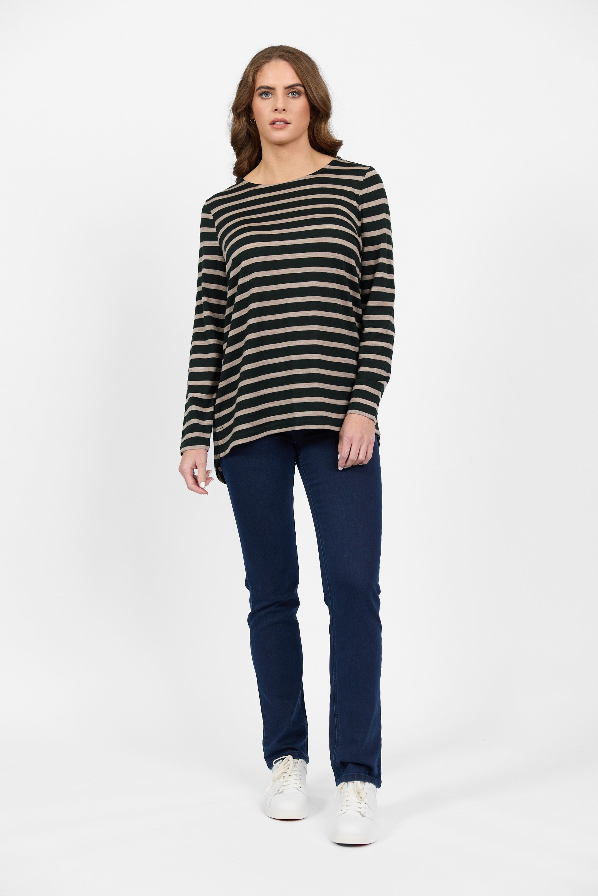 4349 Forest/Twig Stripe - 100% Merino Long Sleeve Top With Back Button Placket - Vassalli