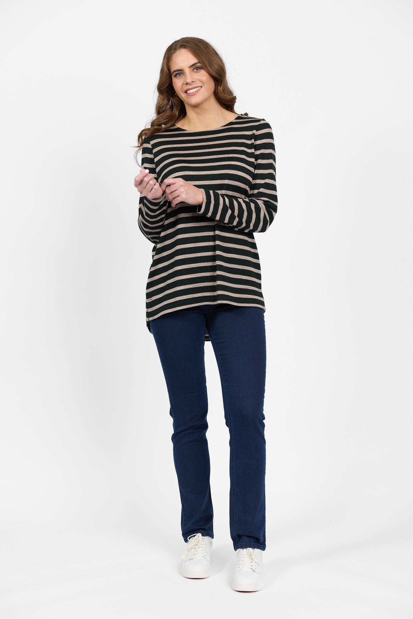 4349 Forest/Twig Stripe - 100% Merino Long Sleeve Top With Back Button Placket - Vassalli