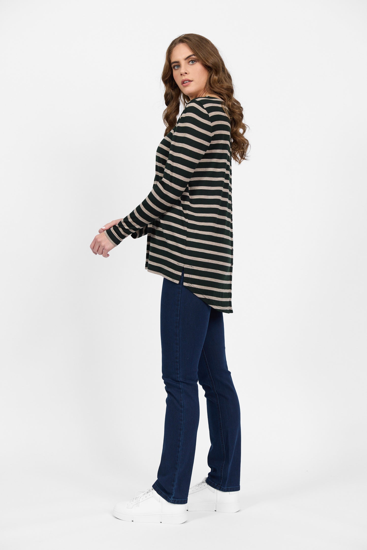 4349 Forest/Twig Stripe - 100% Merino Long Sleeve Top With Back Button Placket - Vassalli