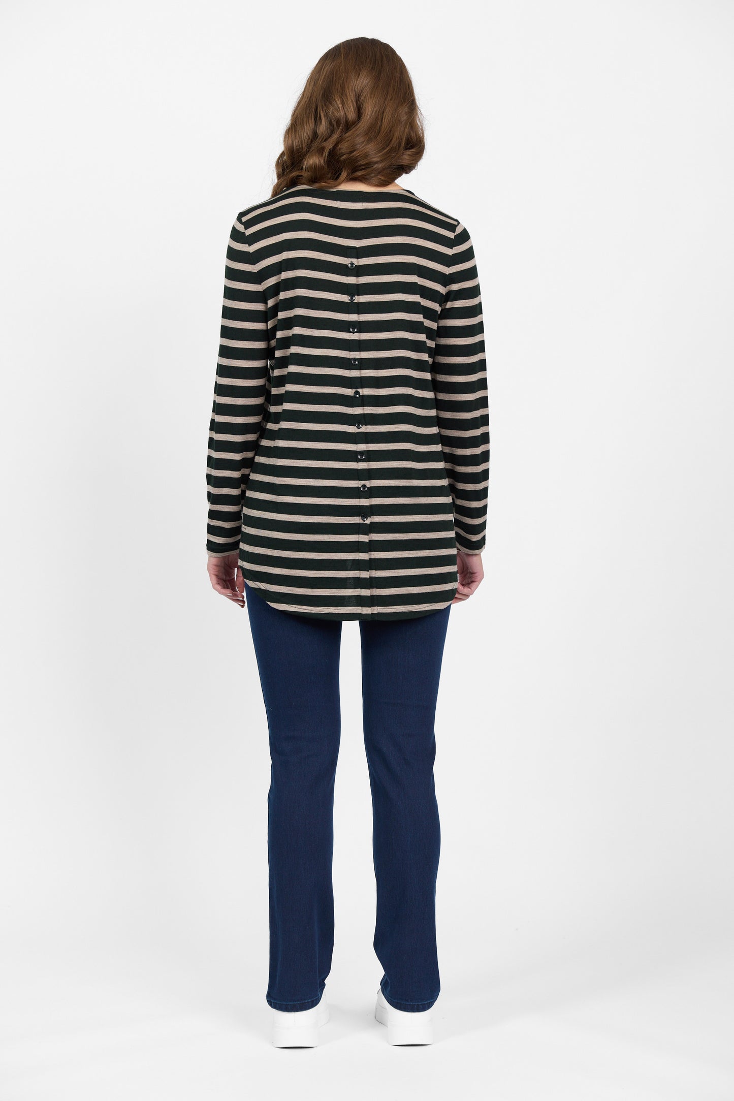 4349 Forest/Twig Stripe - 100% Merino Long Sleeve Top With Back Button Placket - Vassalli