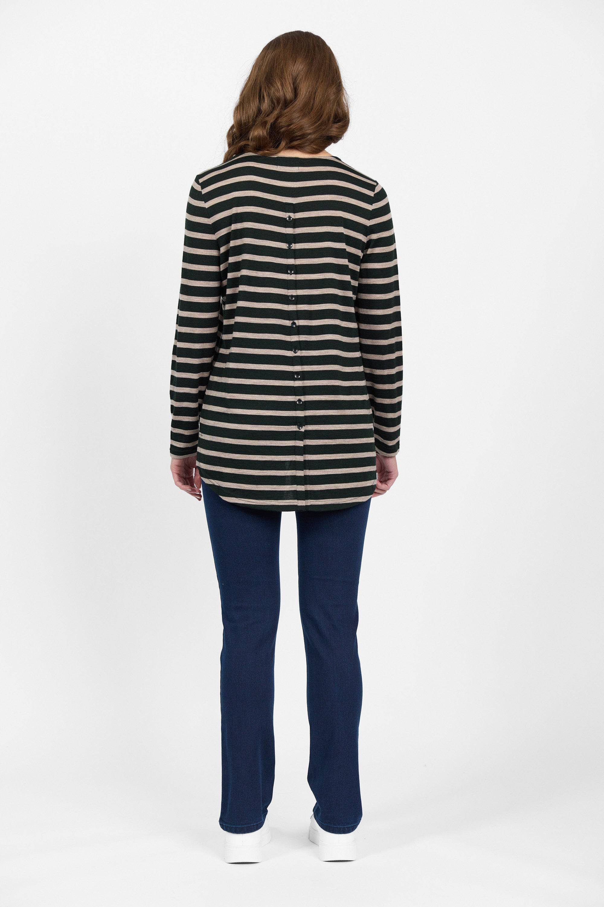 4349 Forest/Twig Stripe - 100% Merino Long Sleeve Top With Back Button Placket - Vassalli