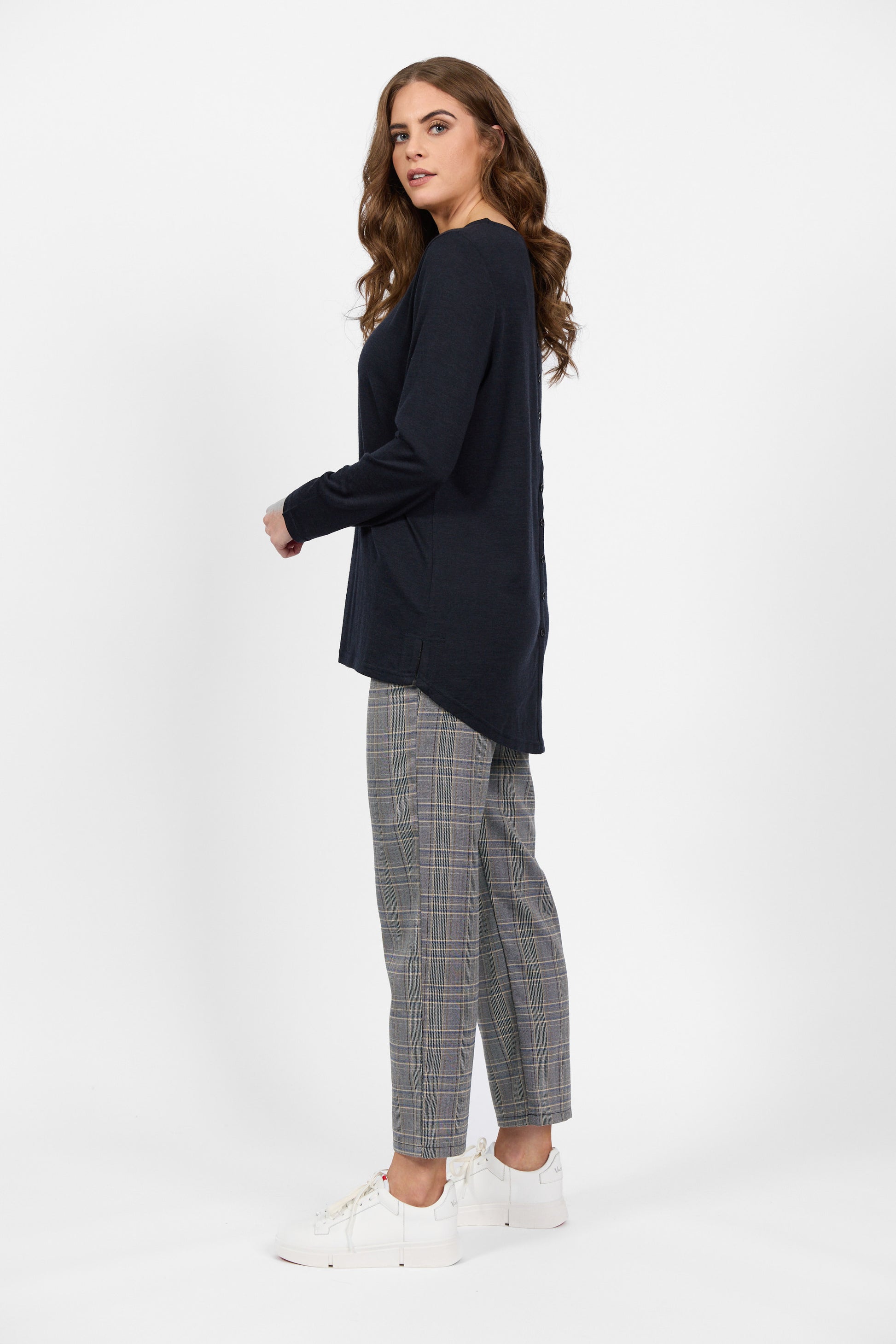 4349 Midnight - 100% Merino Long Sleeve Top With Back Button Placket - Vassalli