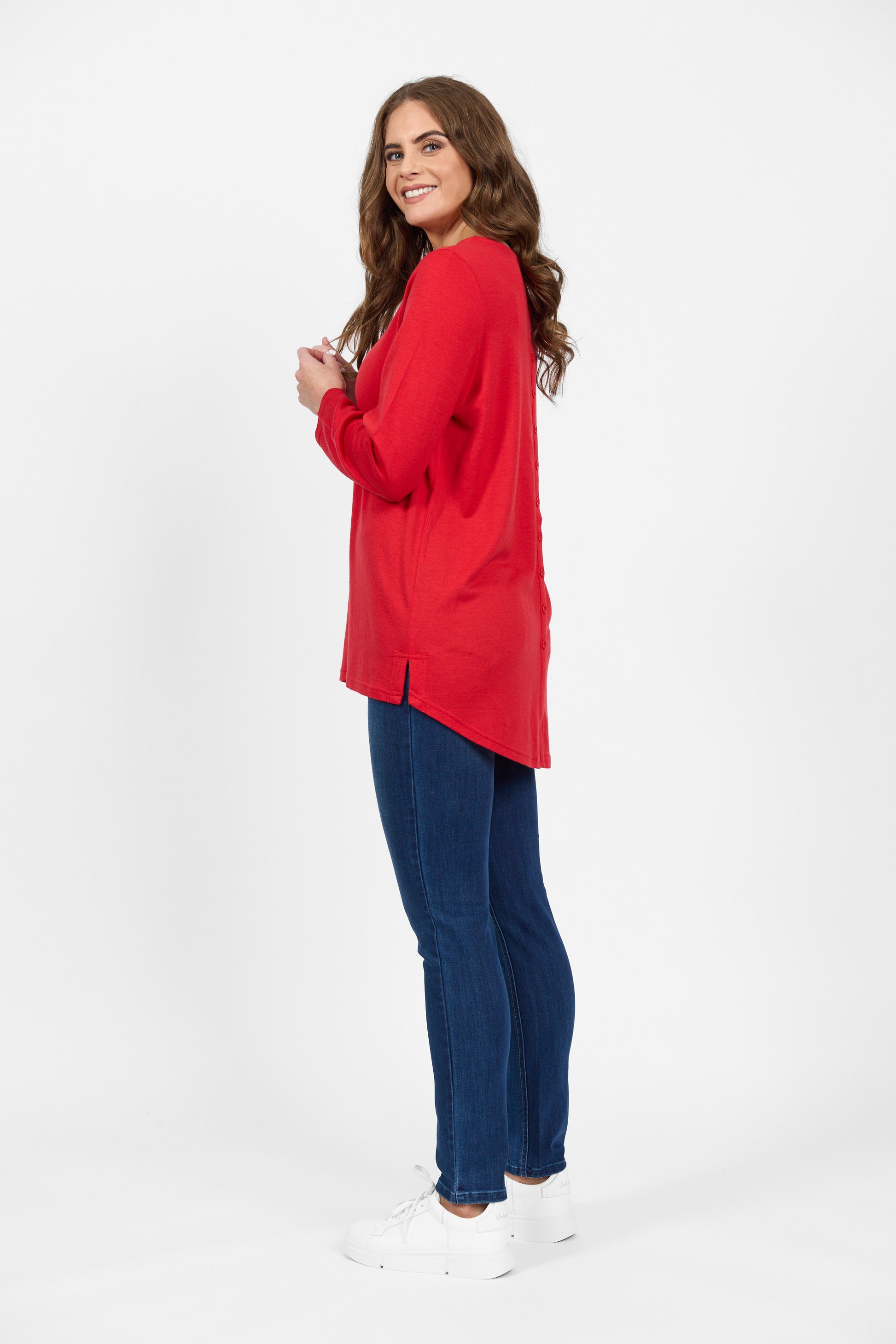 4349 Scarlet - 100% Merino Long Sleeve Top With Back Button Placket - Vassalli