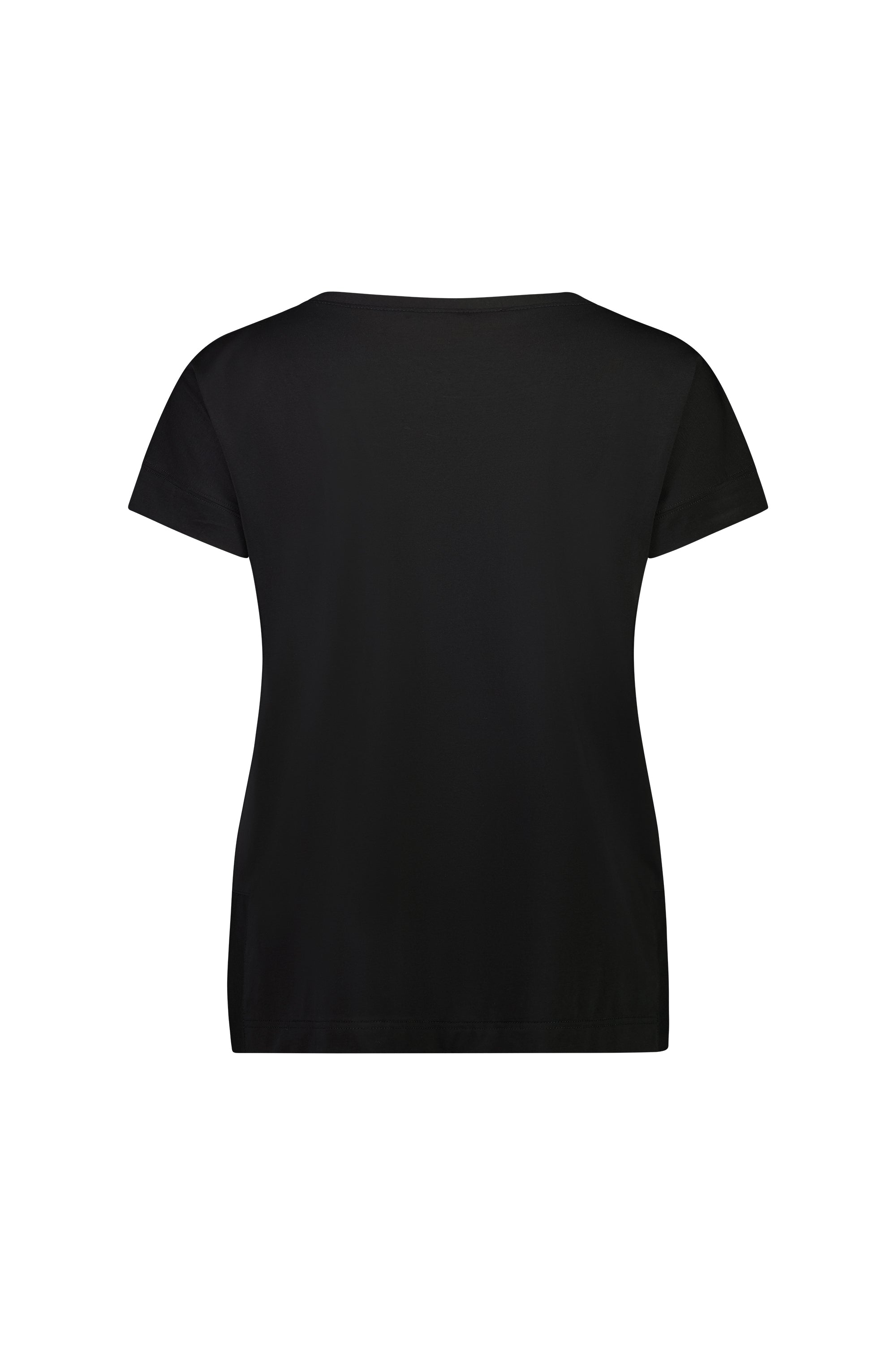 The Thea Top by Vassalli is a plain black short-sleeve stretch cotton t-shirt, shown from the back on a white background.