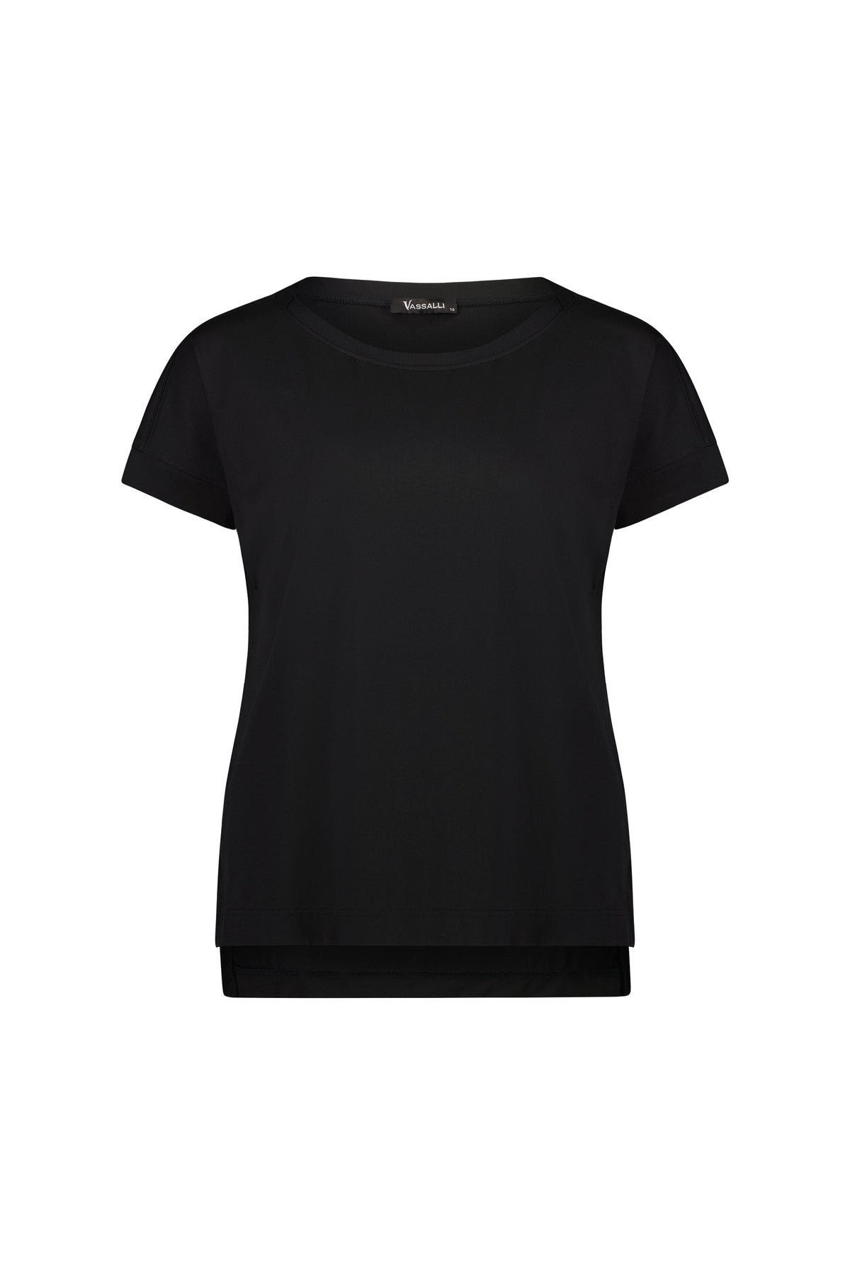 The Vassalli Thea Top in black is a plain, short-sleeved stretch cotton jersey for women. Featuring a round neckline and relaxed fit, this top has no visible logos or patterns and is displayed on a white background.