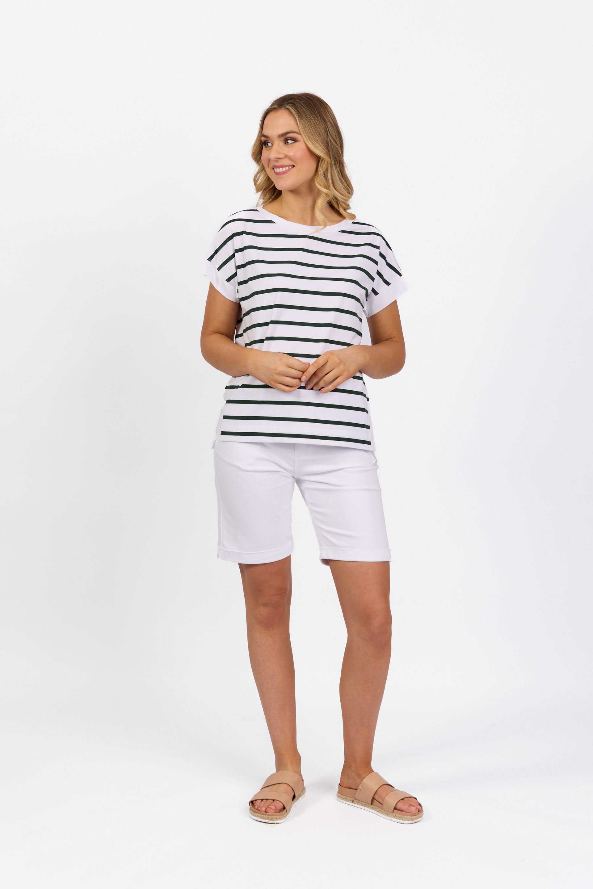 4363S Drop Sleeve Top - White/Forest Stripe - Vassalli