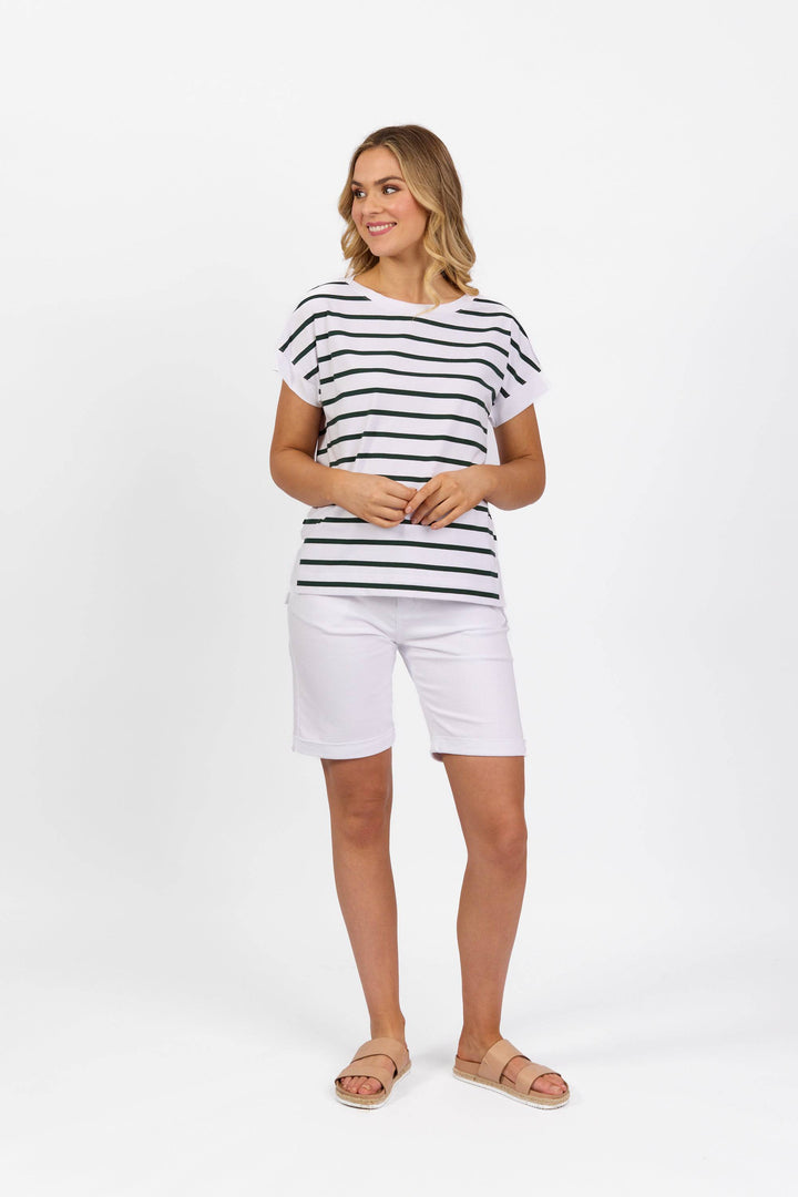 4363S Drop Sleeve Top - White/Forest Stripe - Vassalli
