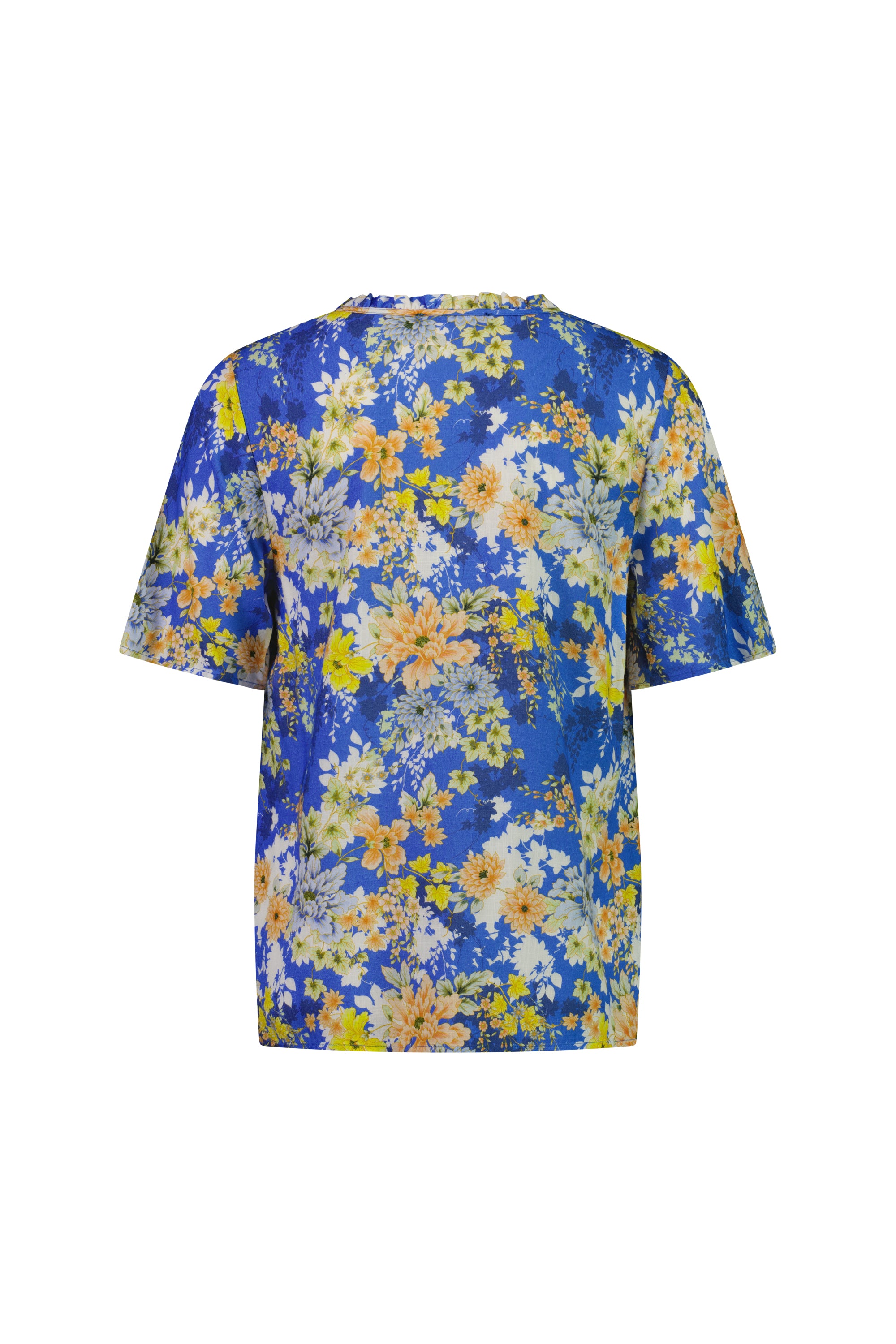 The Vassalli Floaty Sleeve Top - Kimono Dream features floaty sleeves and a vibrant blue background with an all-over floral print in yellow, white, and light blue. The shirt is displayed with the back facing the viewer.