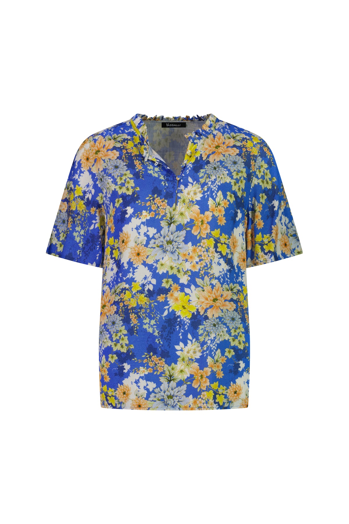 The Vassalli Floaty Sleeve Top - Kimono Dream features a blue base with a yellow, white, and light blue floral print, a small V-neck, floaty sleeves, and a relaxed fit inspired by kimono style.
