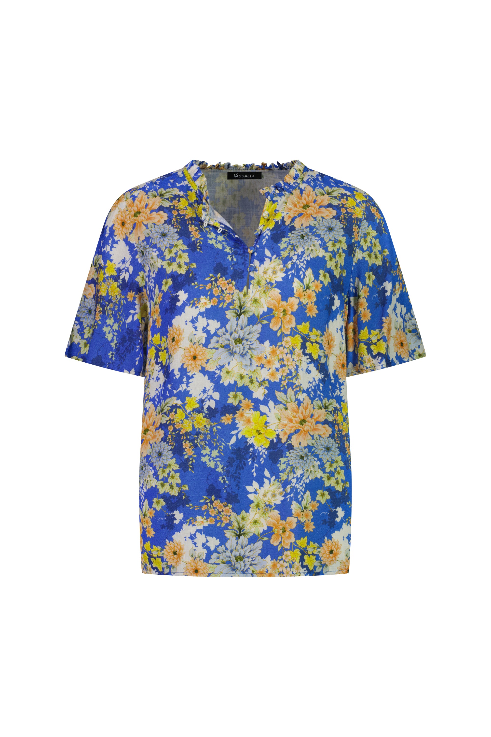 The Vassalli Floaty Sleeve Top - Kimono Dream features a blue base with a yellow, white, and light blue floral print, a small V-neck, floaty sleeves, and a relaxed fit inspired by kimono style.