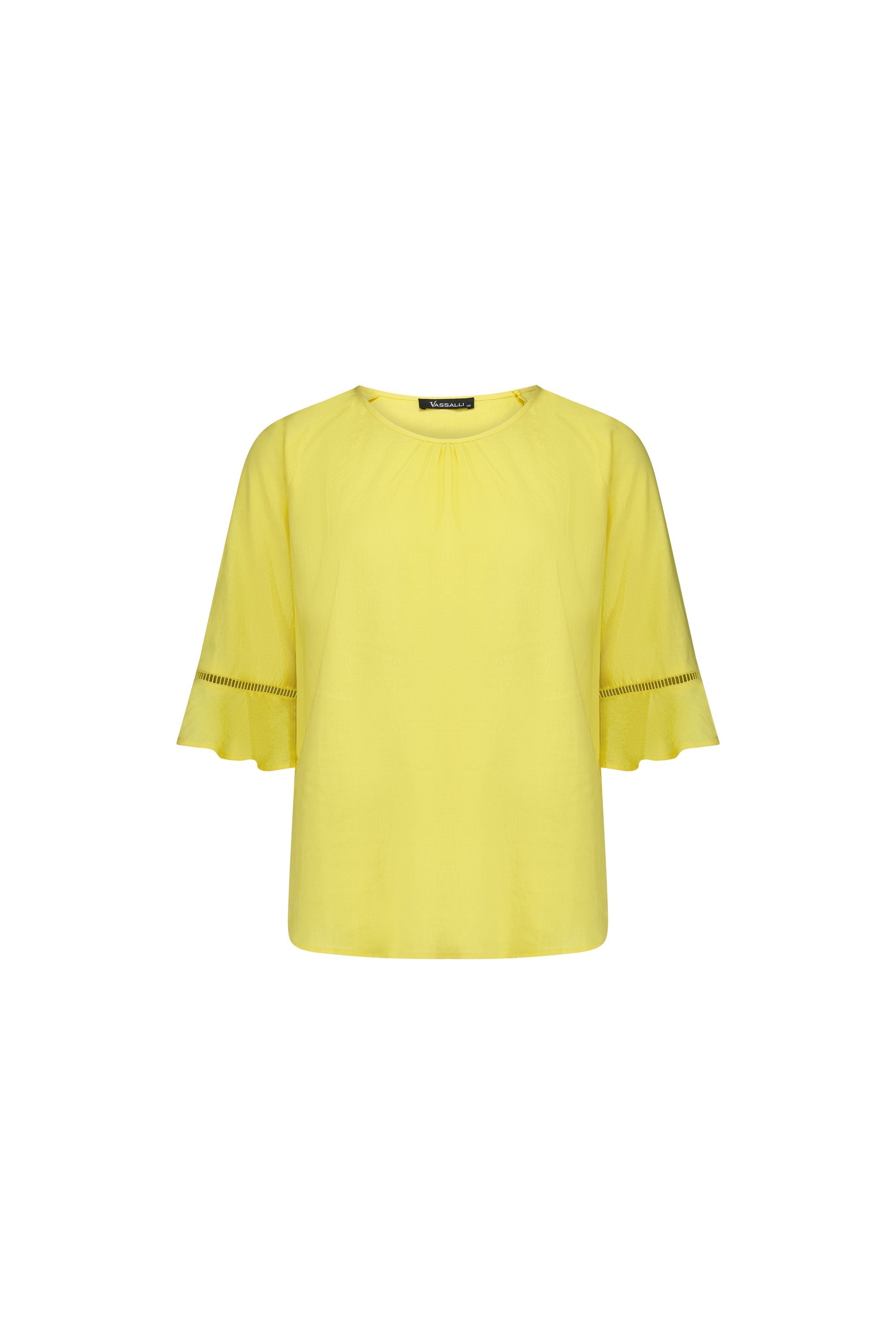 4382A Lemon - Round Neck Top with Elbow Length Frill Sleeve - Vassalli