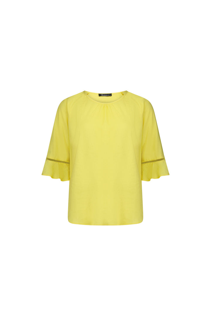 4382A Lemon - Round Neck Top with Elbow Length Frill Sleeve - Vassalli