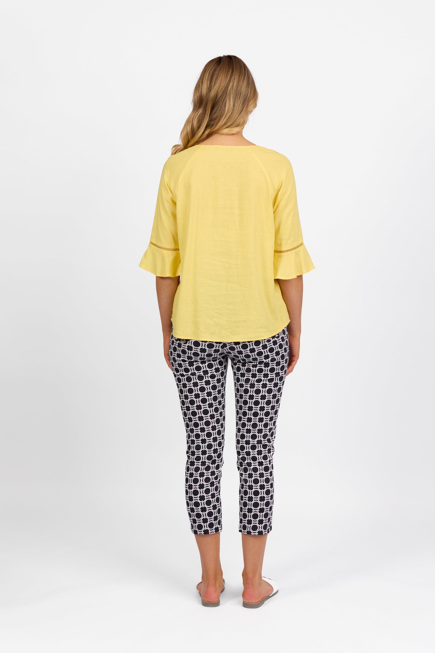 4382A Lemon - Round Neck Top with Elbow Length Frill Sleeve
