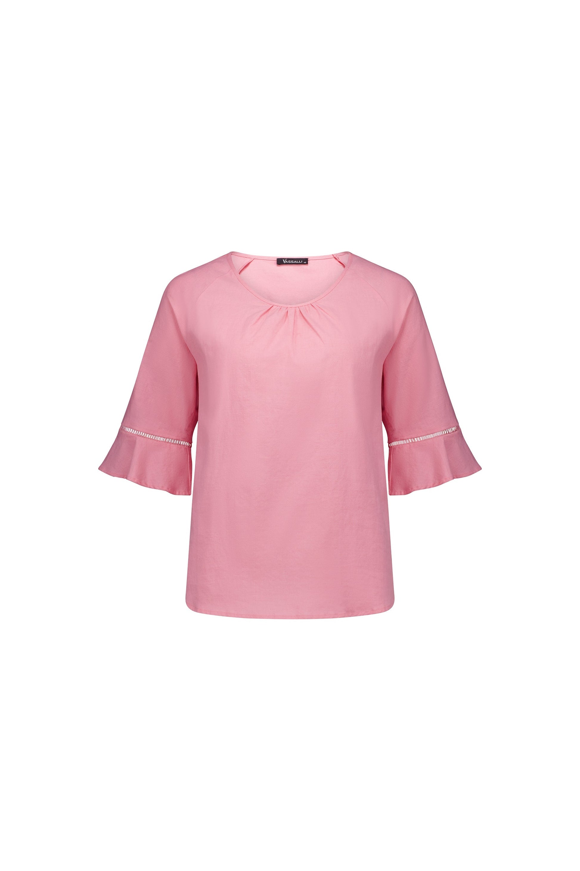 4382A Pink - Round Neck Top with Elbow Length Frill Sleeve - Vassalli