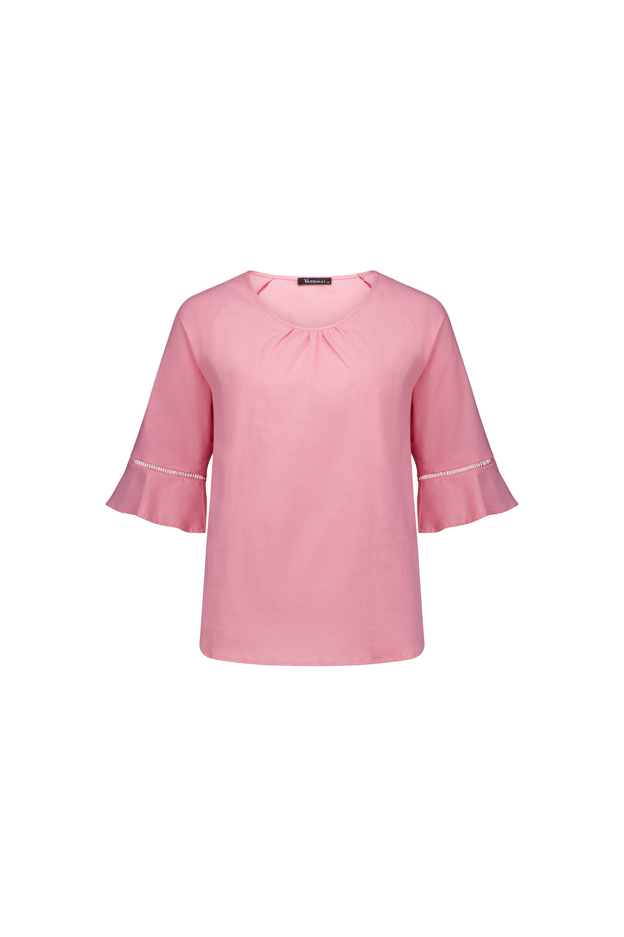 4382A Pink - Round Neck Top with Elbow Length Frill Sleeve - Vassalli
