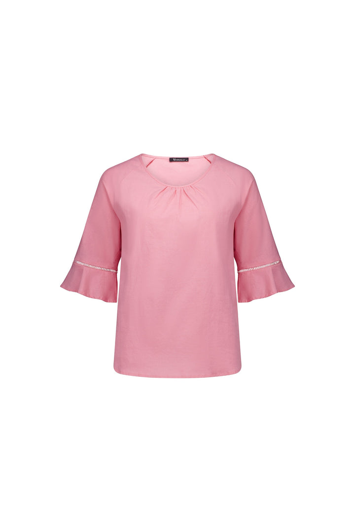 4382A Pink - Round Neck Top with Elbow Length Frill Sleeve - Vassalli