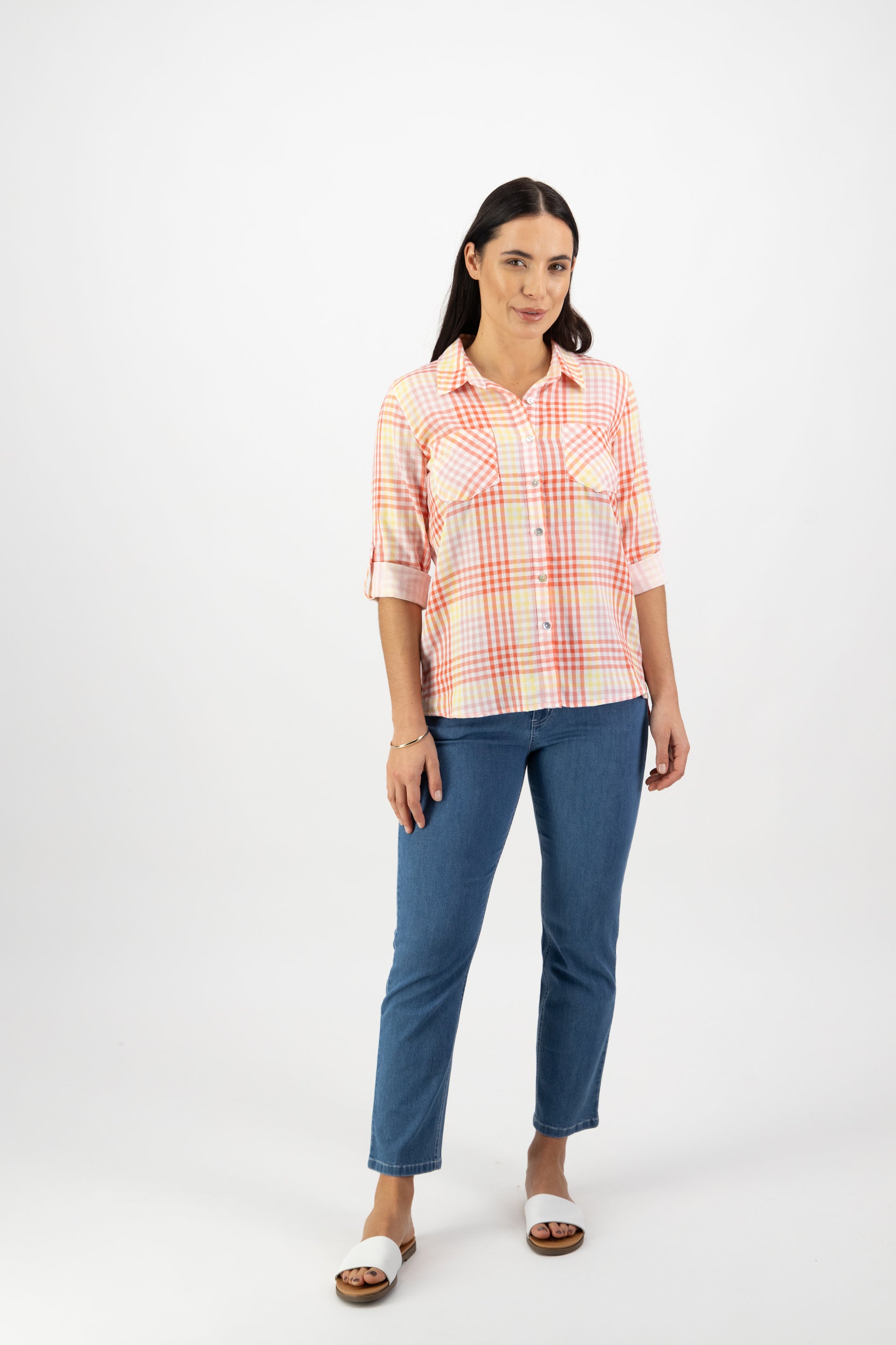 4384 Fiesta Check - Button Front Shirt with Tab Sleeve - Vassalli