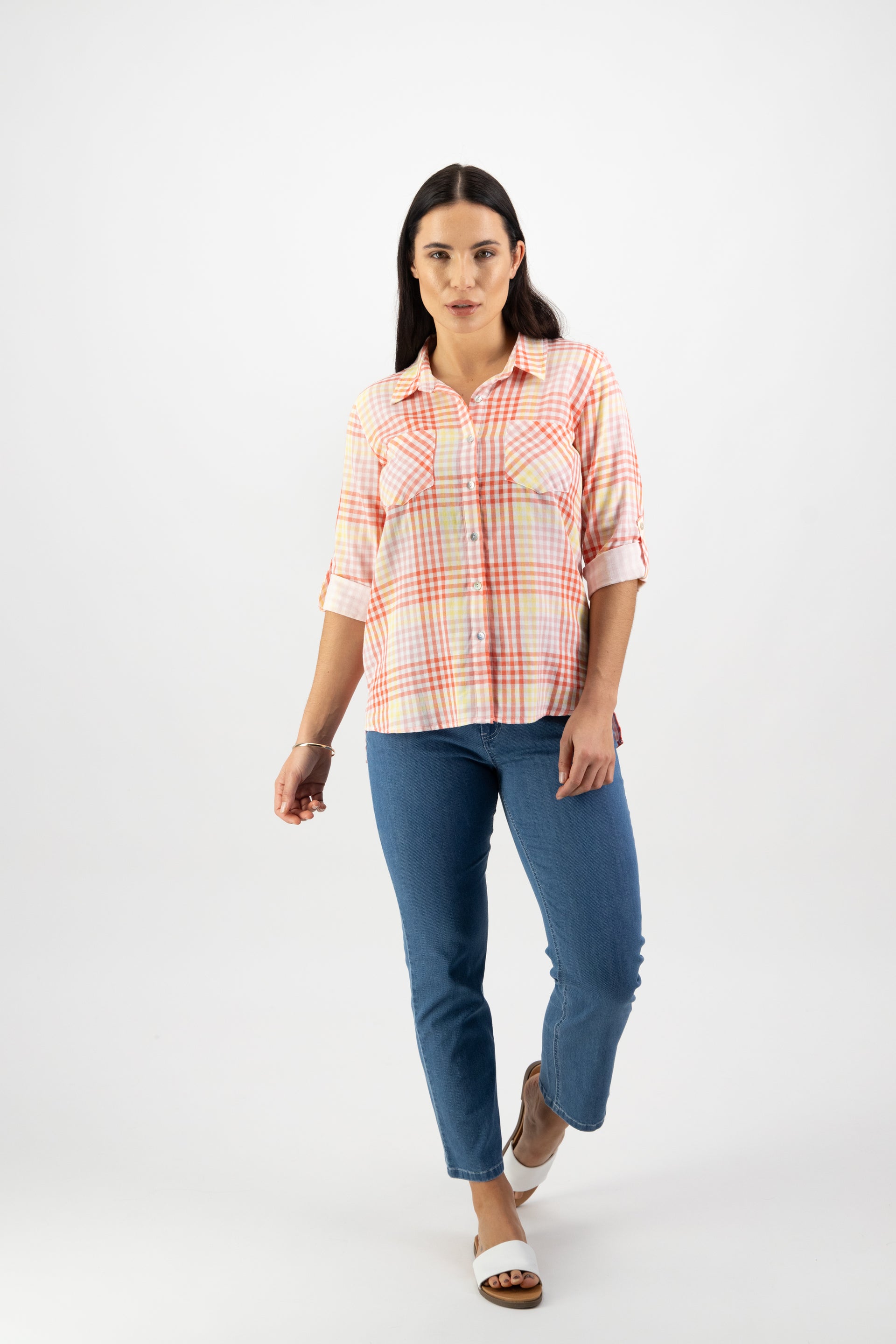 4384 Fiesta Check - Button Front Shirt with Tab Sleeve - Vassalli