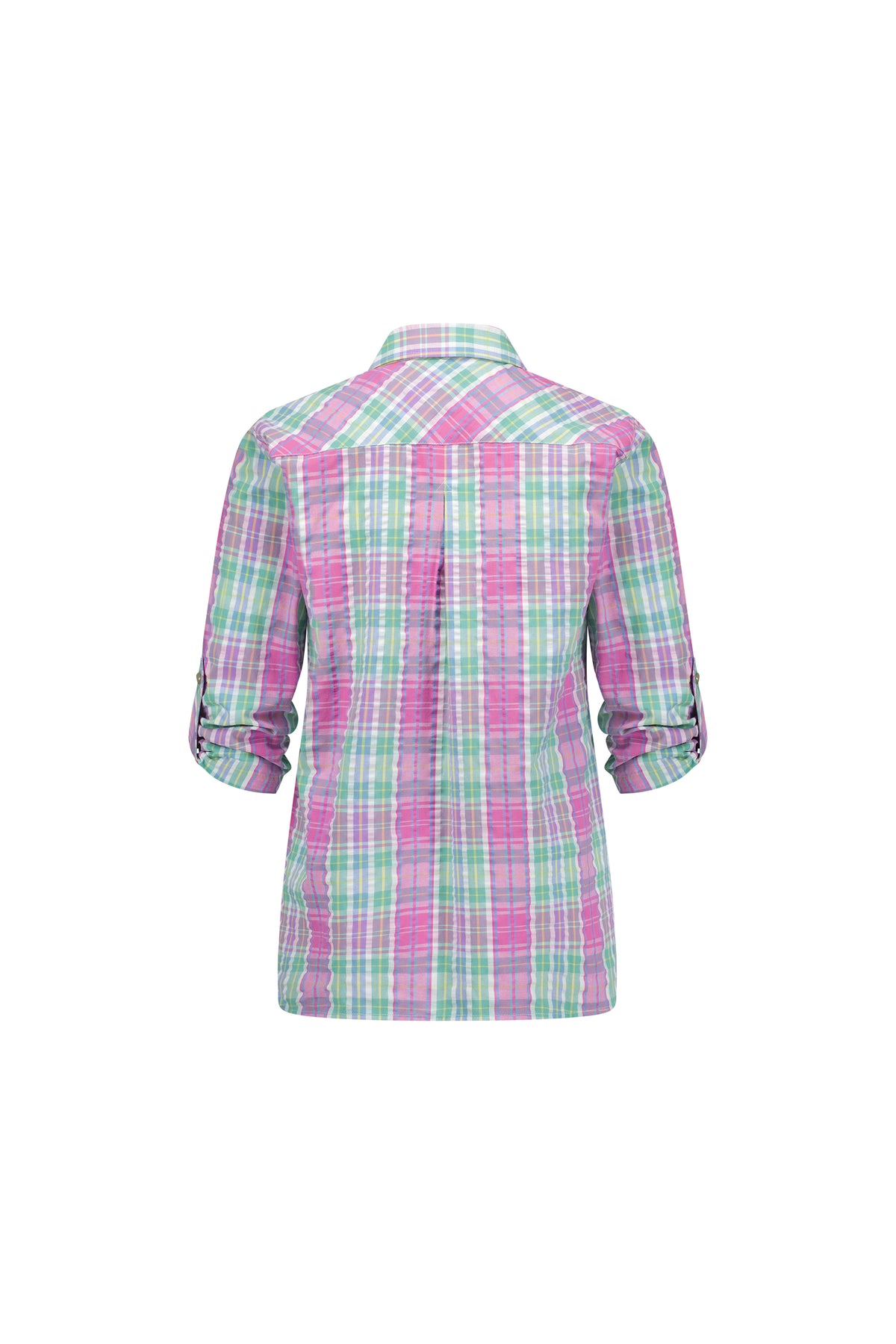 Back view of the Vassalli Button Front Shirt - Pink Check, in pink, green, and white checks with a collar and buttoned rolled-up tab sleeves, shown against a white background.