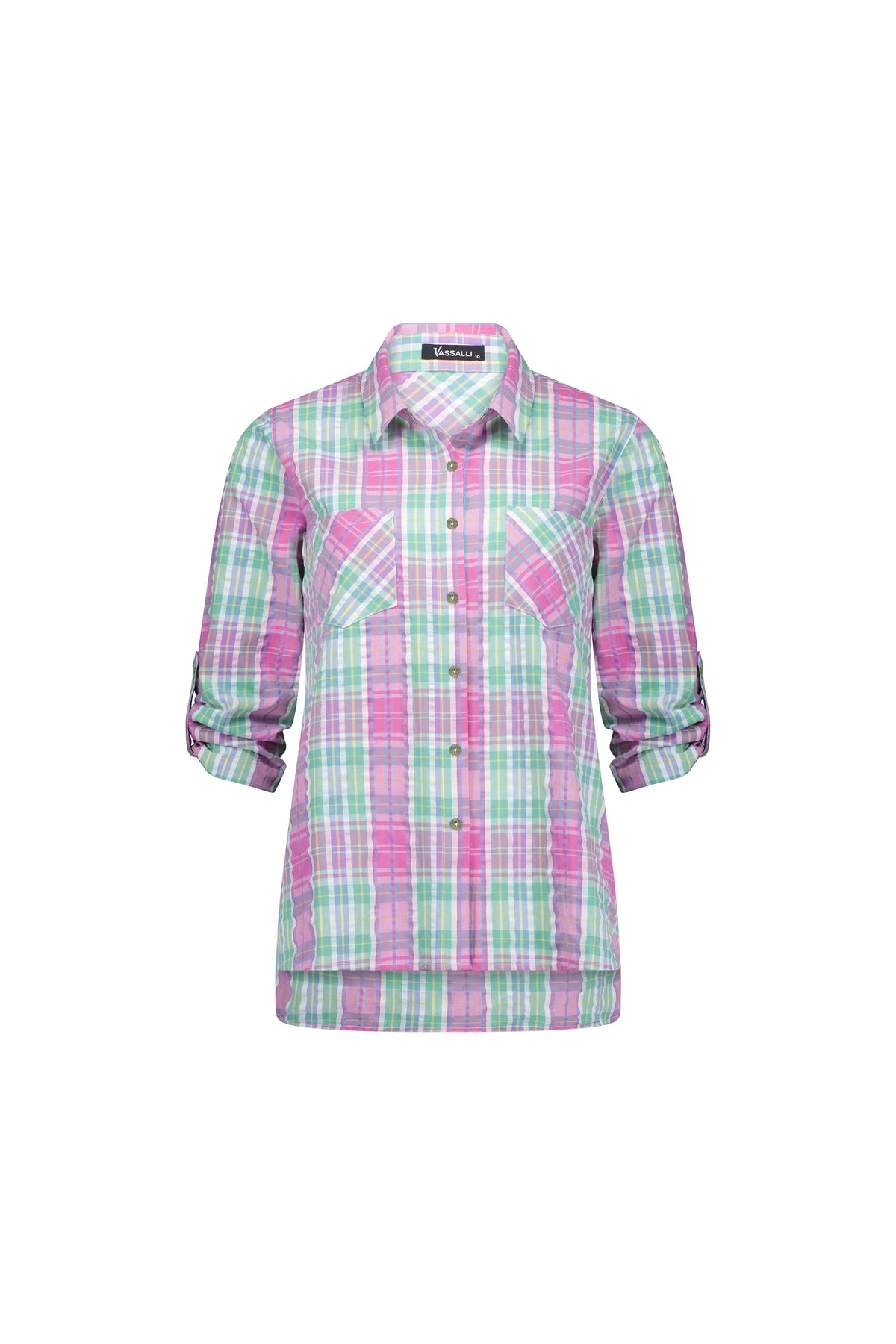 The Vassalli Button Front Shirt - Pink Check features green and blue plaid, chest pockets, and tab sleeves rolled to the elbows, shown on a white background.